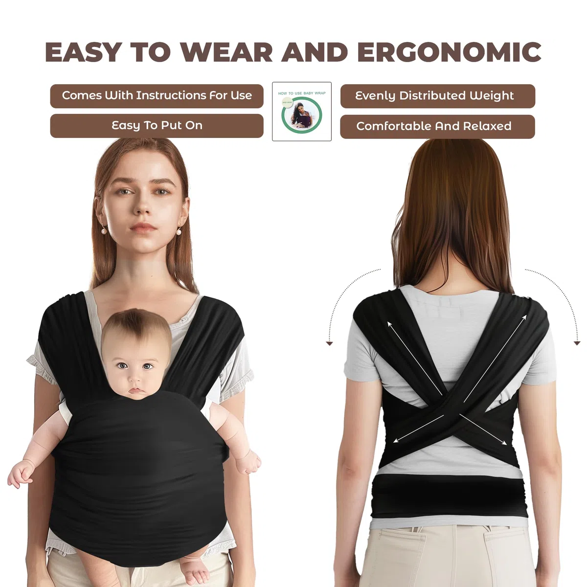 Fascia Porta Bebe, Fascia Neonato 0-36 Mesi Traspirante in Cotone, Marsupio Neonato con Portata Massima di 15 kg, Nero Marsupio Bambino 5,3 m × 0,58 m, Marsupio Ergonomico Neonato