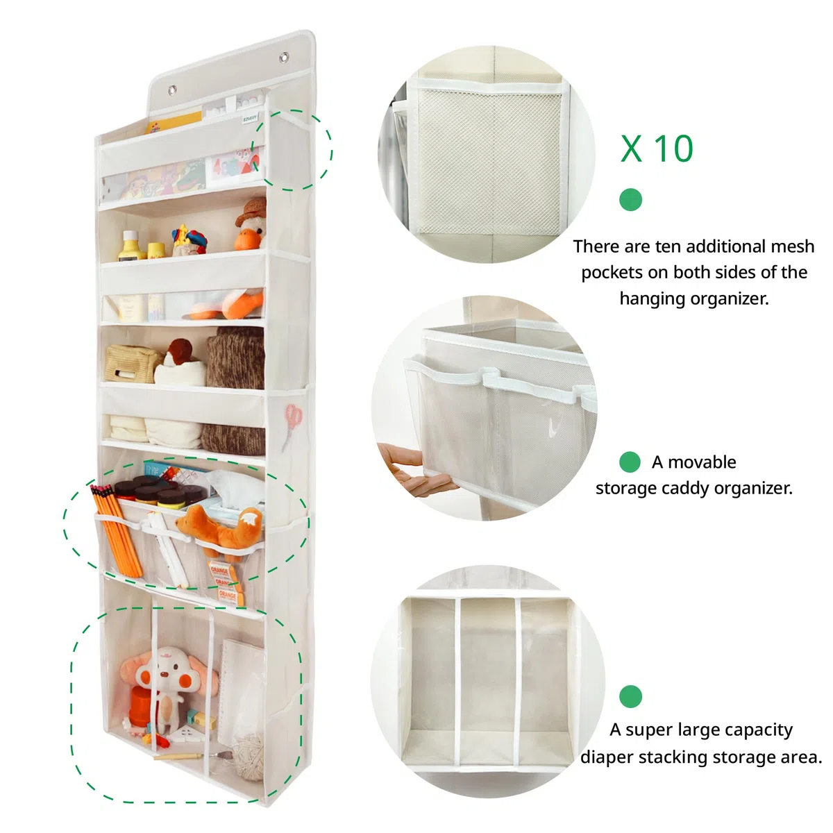 Organizer portaoggetti da appendere alla porta, con 3 contenitori, 1 cestino per pannolini mobile per bambini, 1 organizer impilabile di grande capacità, 10 tasche laterali, portaoggetti per porta
