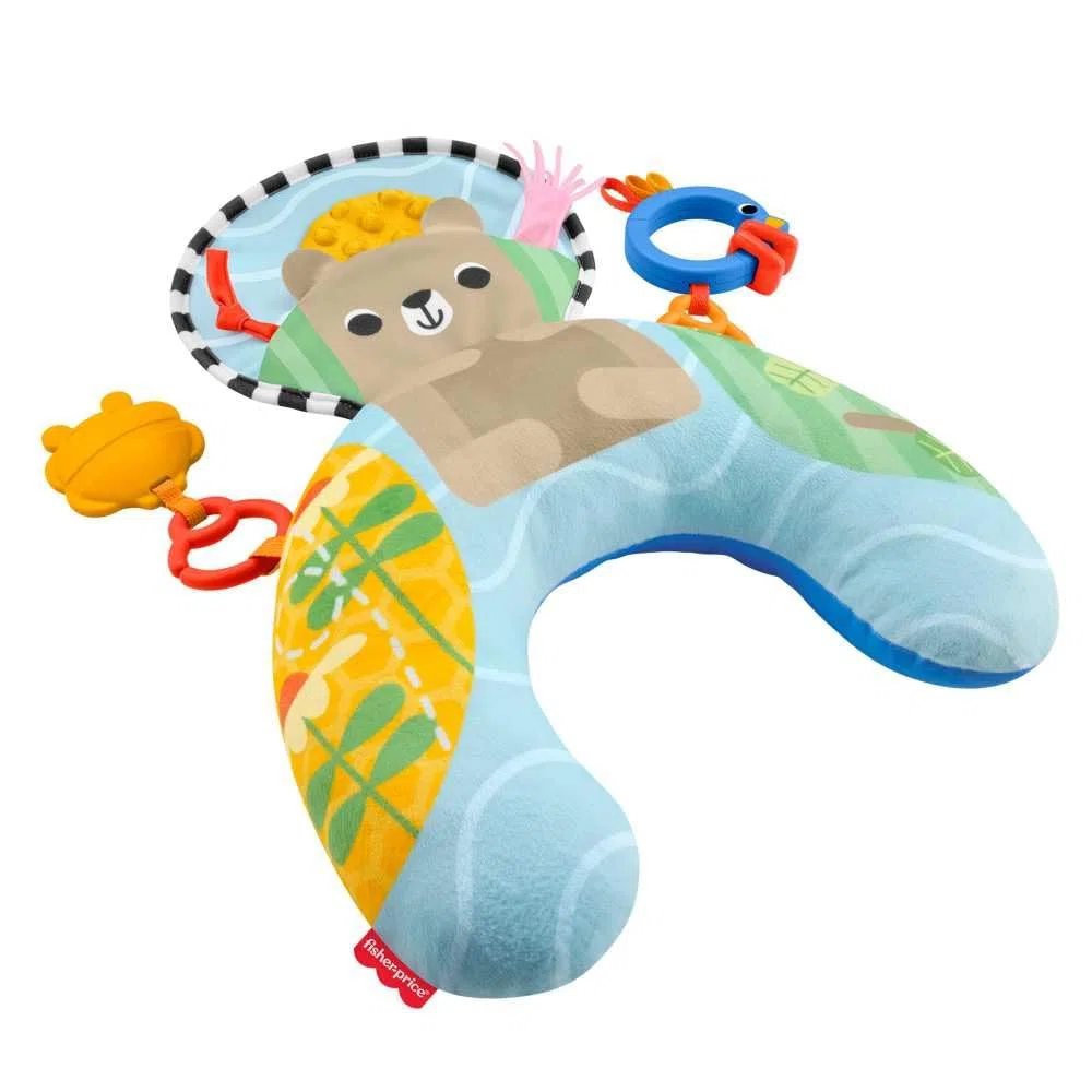 Fisher-Price - Cuscino Orsetto Dolce Relax, Supporto per Neonati a Tema Foresta con dentaruolo e sonaglino Inclusi, attività sensoriali per Il Gioco sul pancino, 0+ Mesi, JHB44