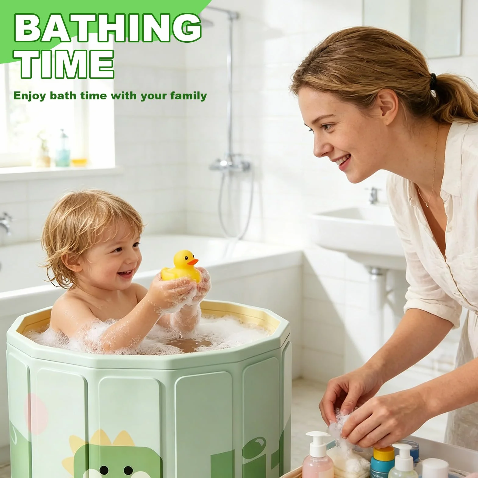 Vasca da Bagno Pieghevole per Bambini, Vasca da Bagno Portatile per Bambino, Adatta da 0 a 5 Anni, con Tappo di Scolo, Green