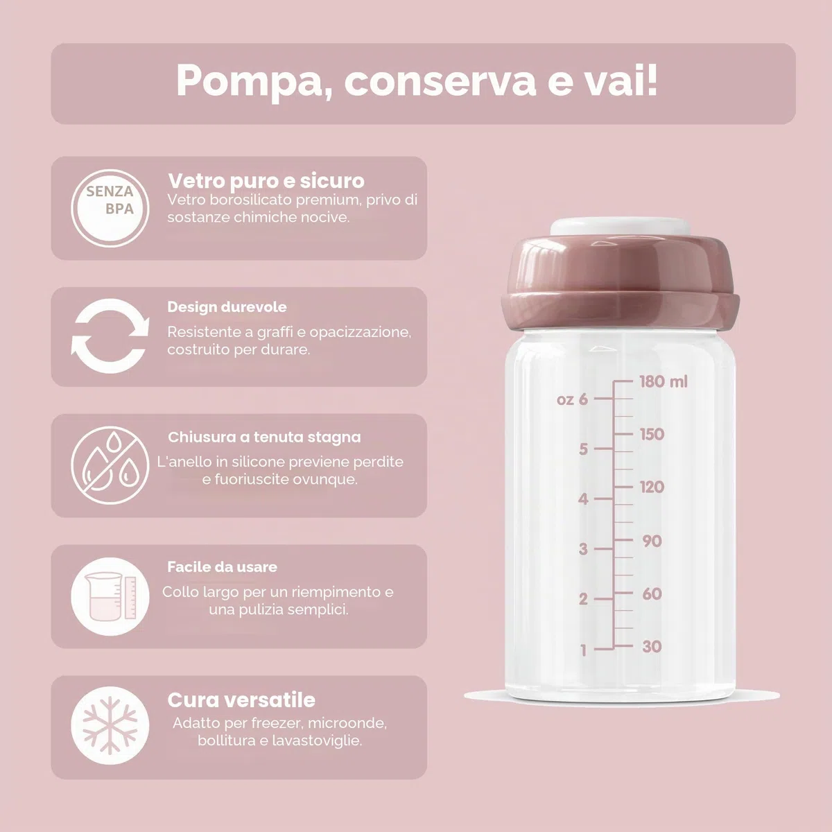 Bottiglie in vetro per latte materno di alta qualità, 180 ml, lavabili in lavastoviglie, adatte al congelatore e al microonde (4 bottiglie di vetro per conservare il latte materno, 4 x 180 ml)