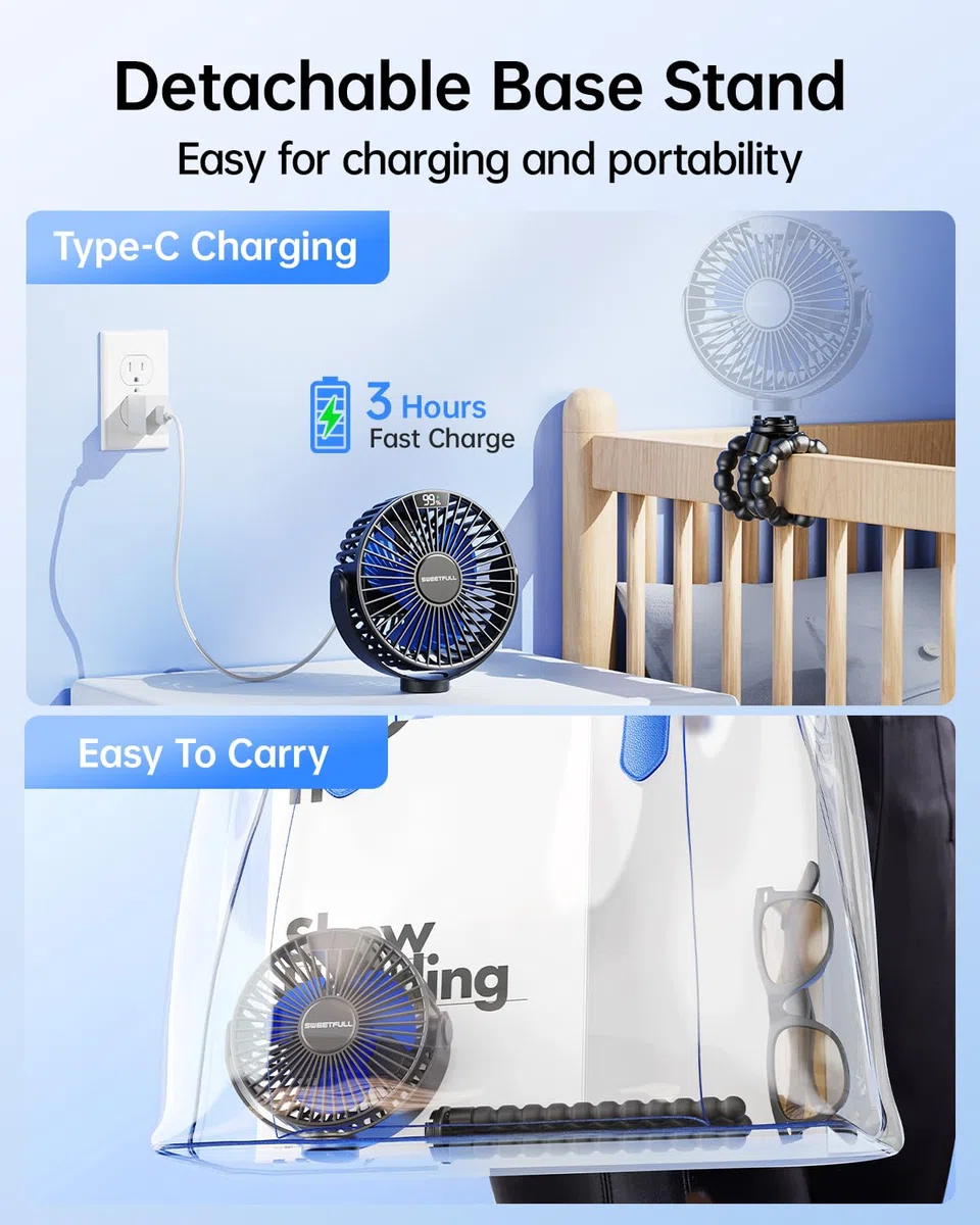 SWEETFULL Ventilatore per carrozzina, ventilatore per passeggino, 6000 mAh, portatile, per auto, mini ventilatore USB da scrivania, con treppiede flessibile, per culla, tapis roulant, bici da viaggio