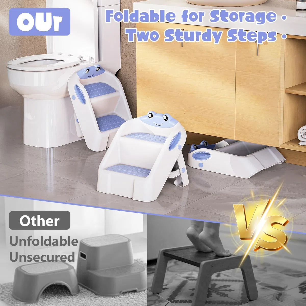 Sgabello Bambini, Scalino Per Bambini bagno Robusto Scaletta a 2 Gradini per Bagno, Lavandino e Toilette, Compatta e Antiscivolo per Bagnos, Cucina, WC e Lavandino, Sopporta Fino a 90 kg