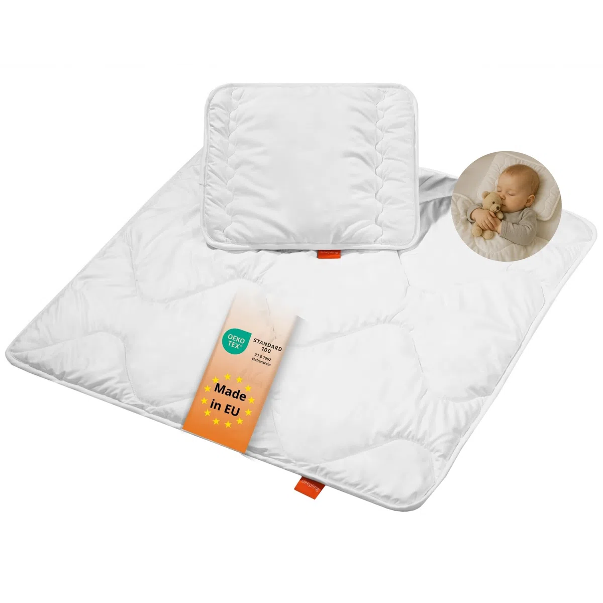 sleepling 196277 baby set per lettino bimbo composto da piumino per tutto l'anno 80 x 80 cm e cuscino piatto 35 x 40 cm, 100% microfibra, anallergico, bianco