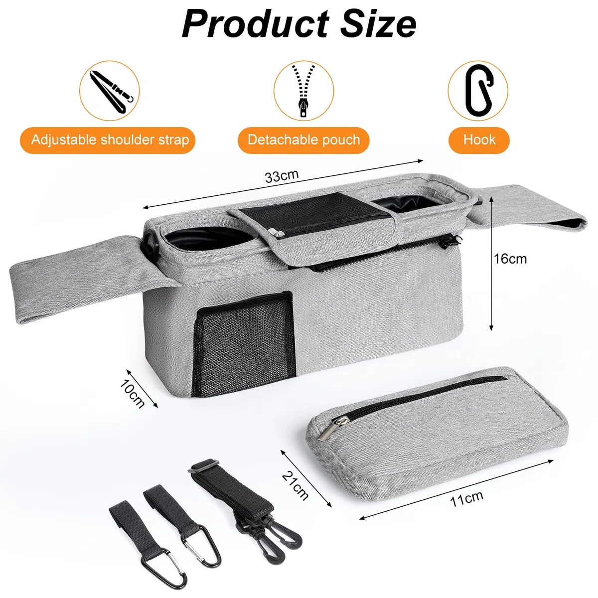 AiQInu Borsa Passeggino Borsa Organizer con Portabicchieri Isolati Tracolla,Impermeabile Borsa per Passeggino Universale con gancio per passeggino, con velcro