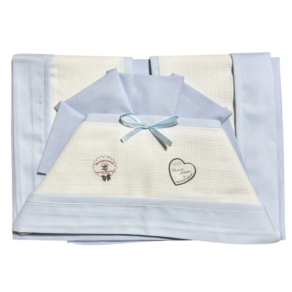 ADF Lenzuolino lettino neonato con tela aida,ottimo per idea regalo.Set composto da 3 pz,lenzuolo sopra+lenzuolo sotto+federa.100% Cotone misura 120X180 Made in Italy