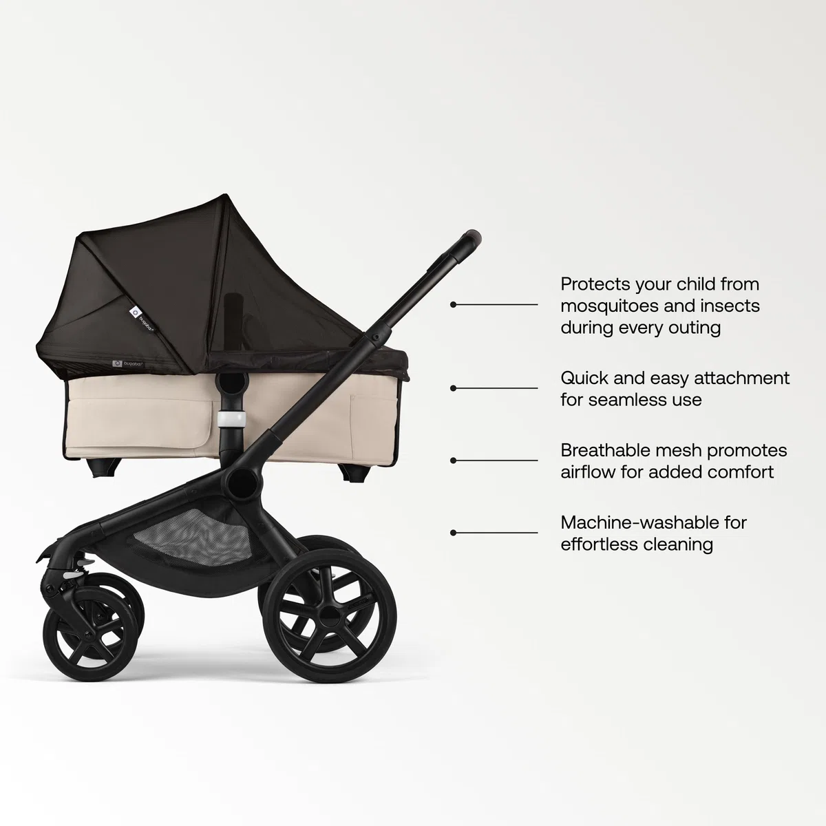 Bugaboo Zanzariera per passeggini Fox, Donkey e Kangaroo – Rete morbida protezione dagli insetti, navicella e coprisedile, facile fissaggio con un solo movimento