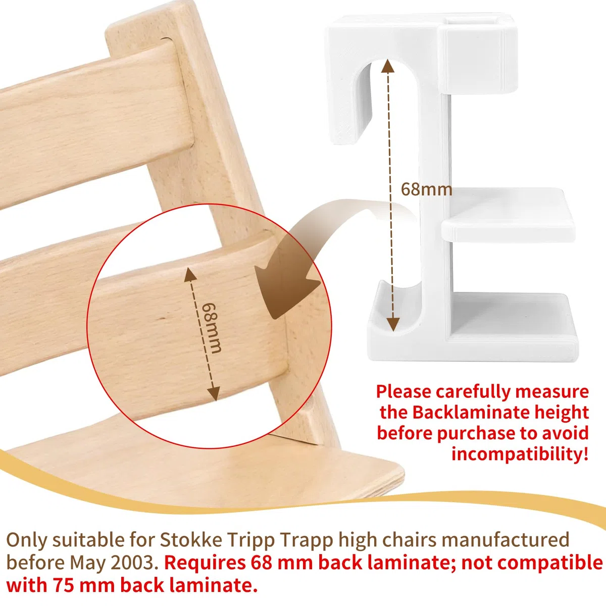 Adattatori Babyset per Stokke Tripp Trapp - Set da 2 adattatori compatibili con seggioloni modello precedente al 2003, traversa 68 mm, utilizzo con baby set, vassoio e tavolino per uso quotidiano