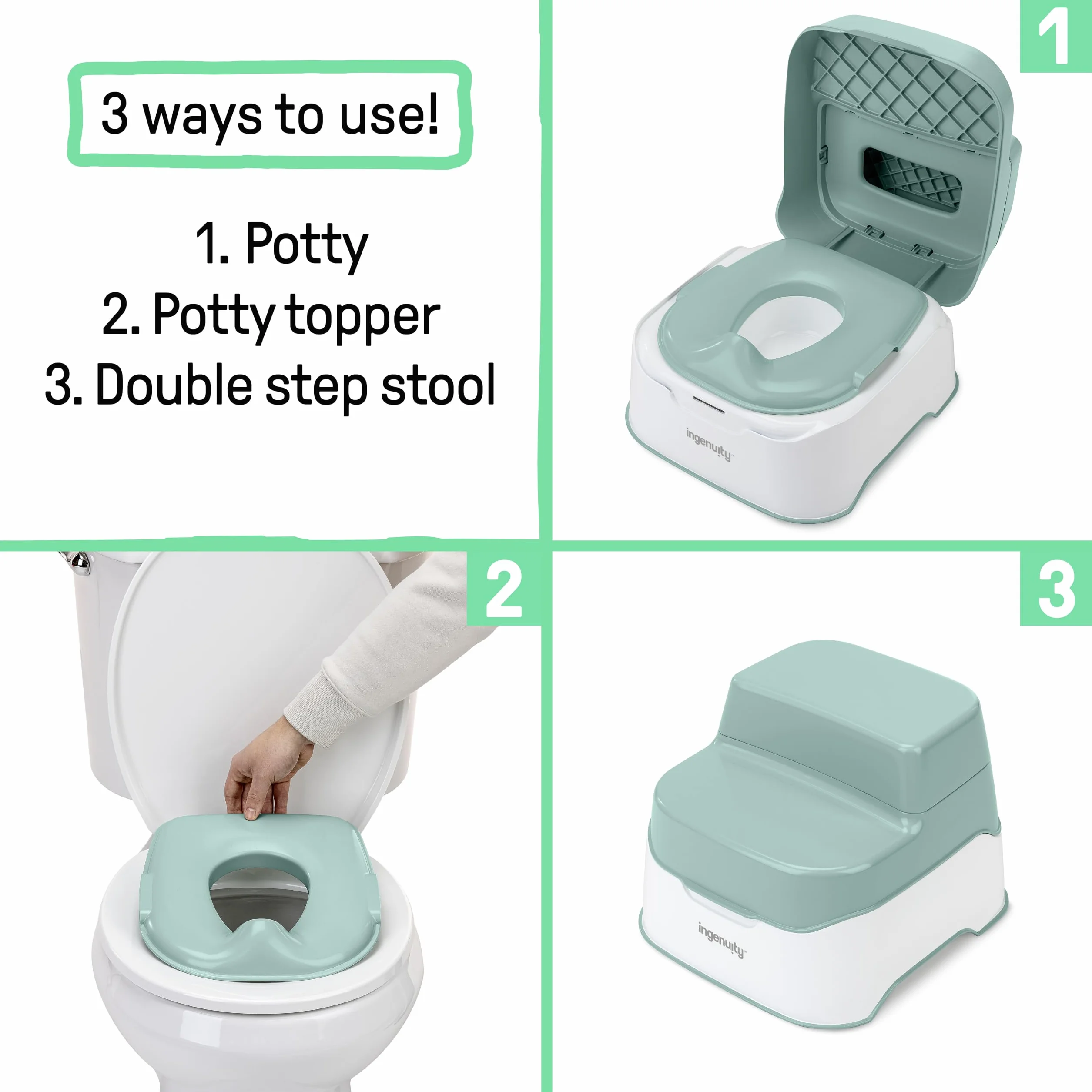 Ingenuity, sistema 3-in-1 Prepare to Potty - Vasino, copri vasino, sgabello, facile installazione, 18+ mesi