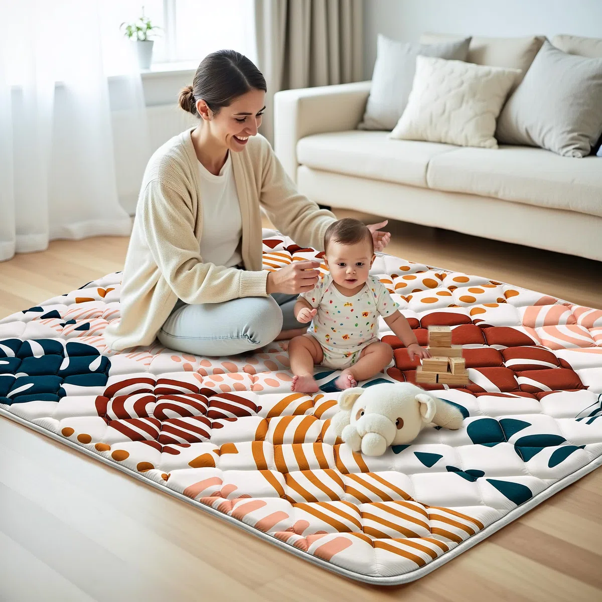 YBIKE Tappetino Gioco Pavimento, 119x119cm Grande Tappeto Pieghevole Antiscivolo Spesso, Morbido Tappeto Portatile, Lavabile in Lavatrice (Foglie Boho)