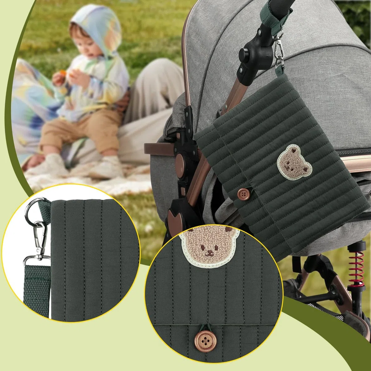 Borsa Organizer Pieghevole per Pannolini in Tessuto, Borsa da Viaggio Multifunzionale per Pannolini per Campeggio, Verde