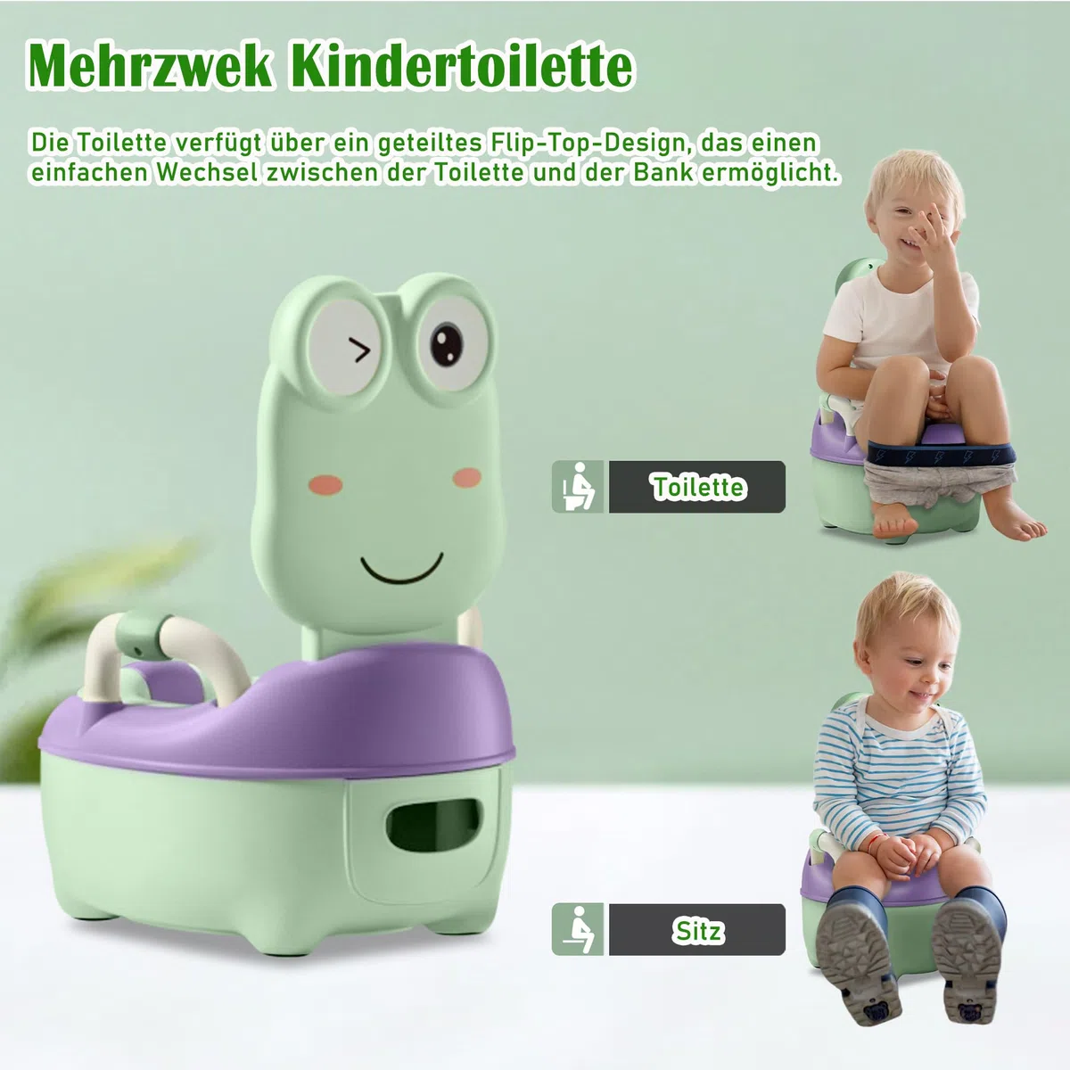 Froadp Vasini per Bambini da 0 a 6 Anni Baby Toilette WC con PU Sedile e Vasino Estensibile Gabinetto Trainer Portatile con Coperchio Rimovibile a Forma di Rana per Neonato (48.5cm, Blu)