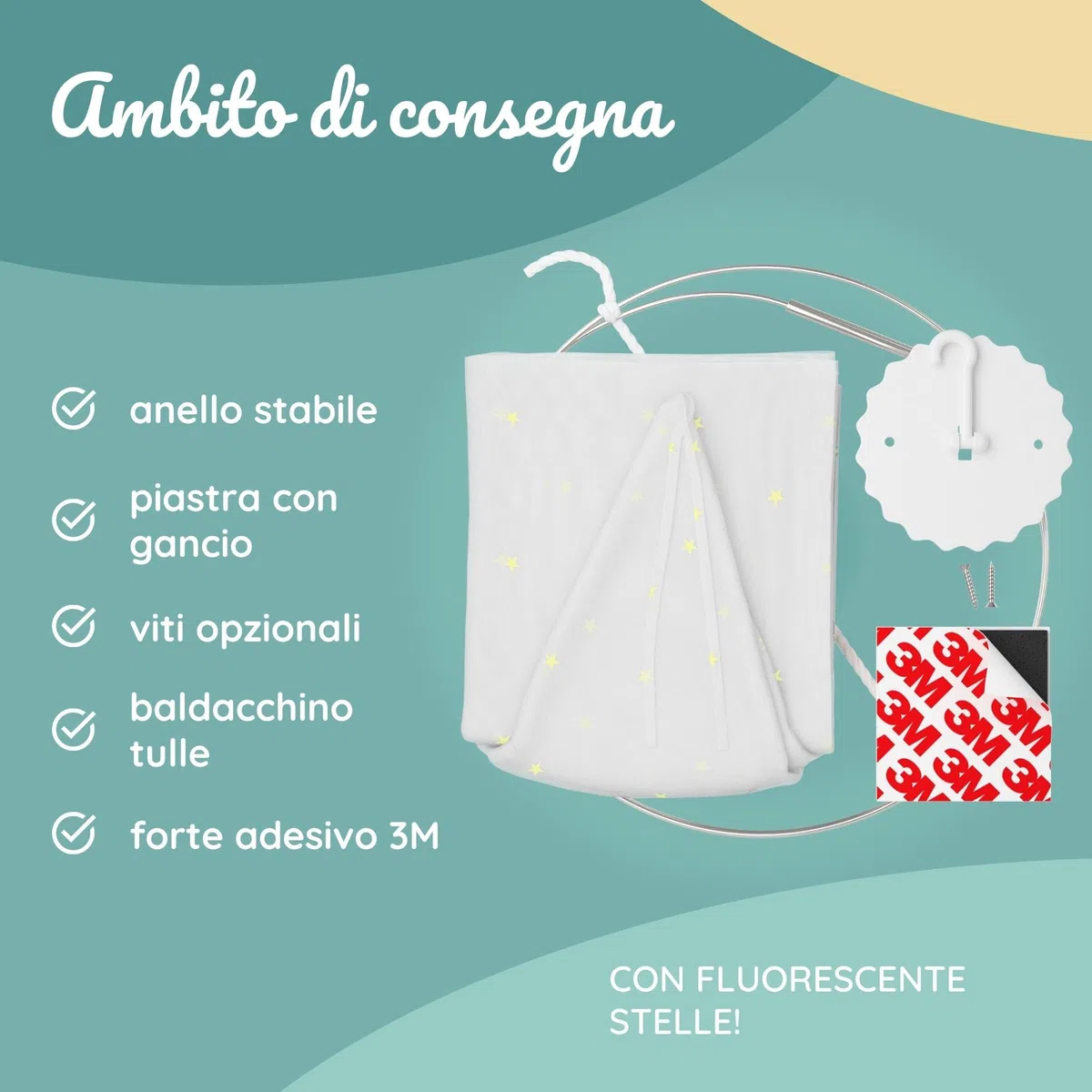 BEARTOP Zanzariera lettino neonato stelle fluorescenti | tulle o cotone | senza forare | con anello stabile | lunghezza dell'orlo ca. 270cm | per culla neonato| Soddisfazione garantita (3 Anni)*