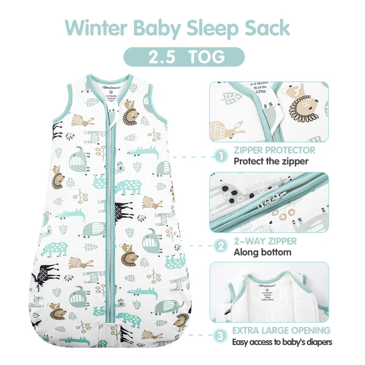 Mosebears Sacco nanna invernale per bambini, 2,5 tog,cotone, per diverse misure dalla nascita all'età di 24 mesi(blue zoo,12-18 mesi)