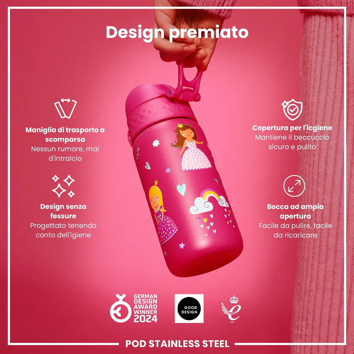 Ion8 Borraccia Inox Leggero per Bambini, 400ml, Non Isolato, a Prova di Perdite, Facile da Aprire, Serratura Sicura, Lavabile in Lavastoviglie, Facile Pulizia, Durevole e Antigraffio, Principessa
