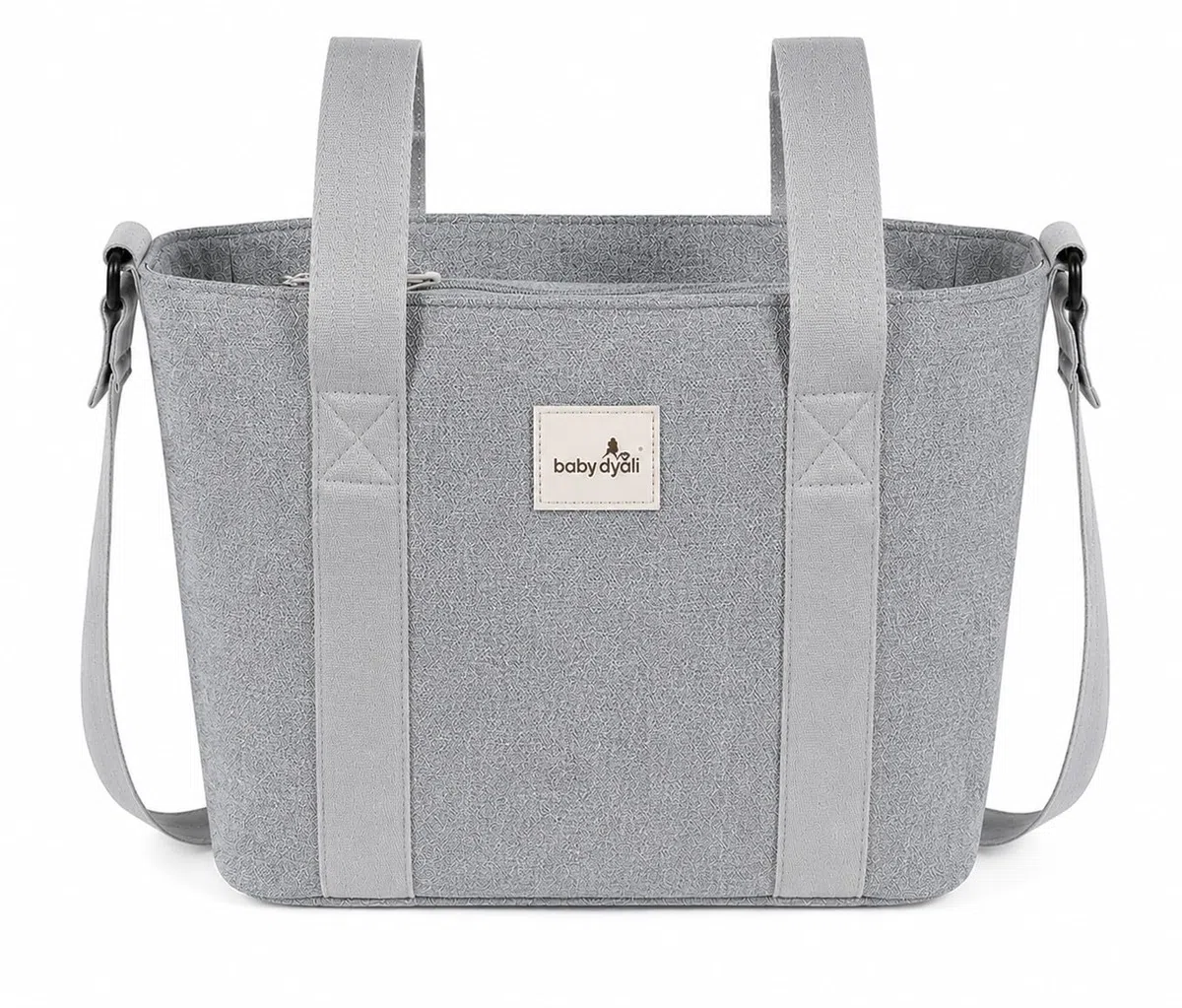 Borsa grande capacità, organizer grigio. Borsa per passeggino. Manici corti per il fissaggio al carrello e lunghi per la spalla.