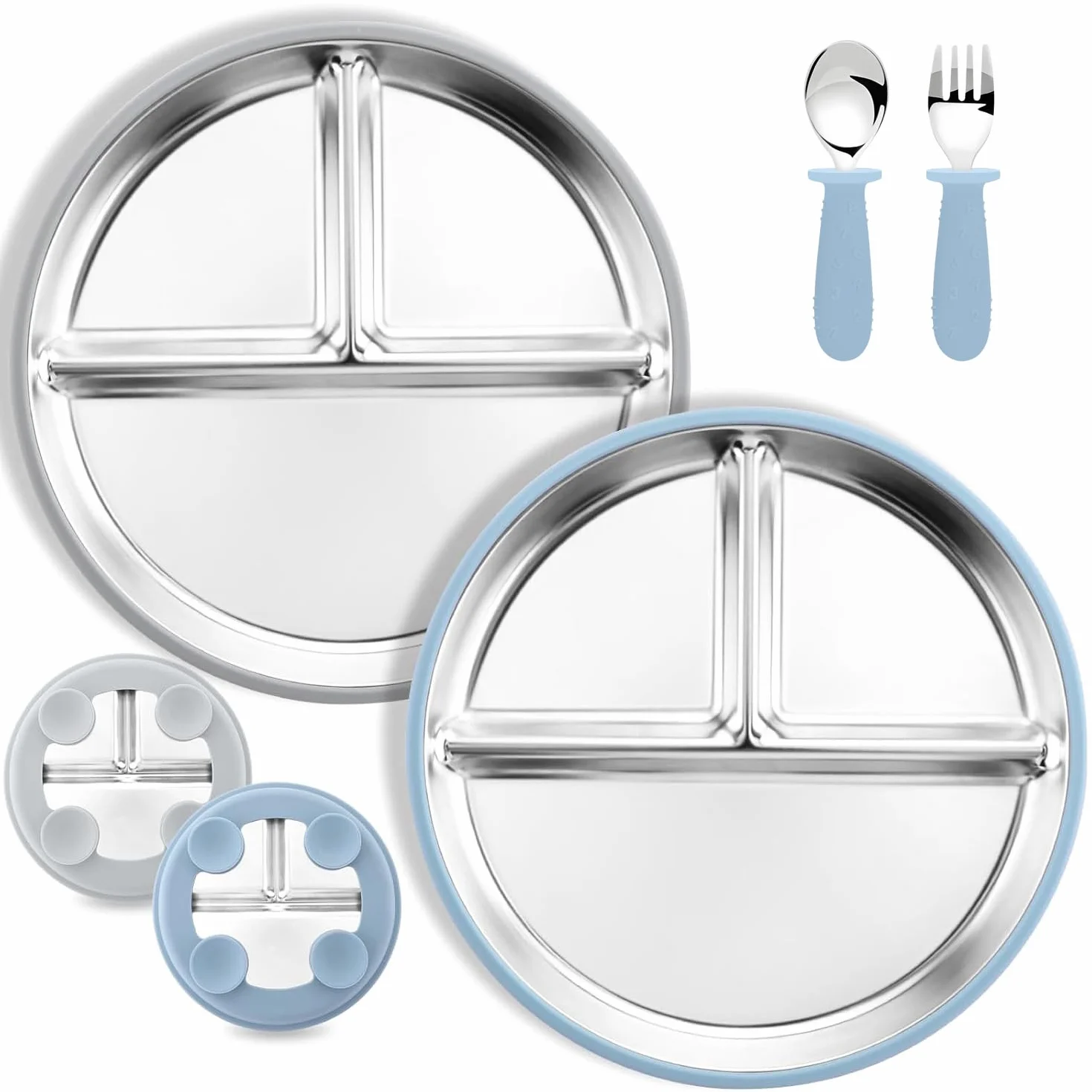 Set da 2 Piatti in Acciaio Inossidabile con Ventosa per Neonati e Set da 1 Cucchiai e Forchette, Bambini Pappa Svezzamento Piatto, Piatti Divisi per Alimentazione Autonoma, Senza BPA