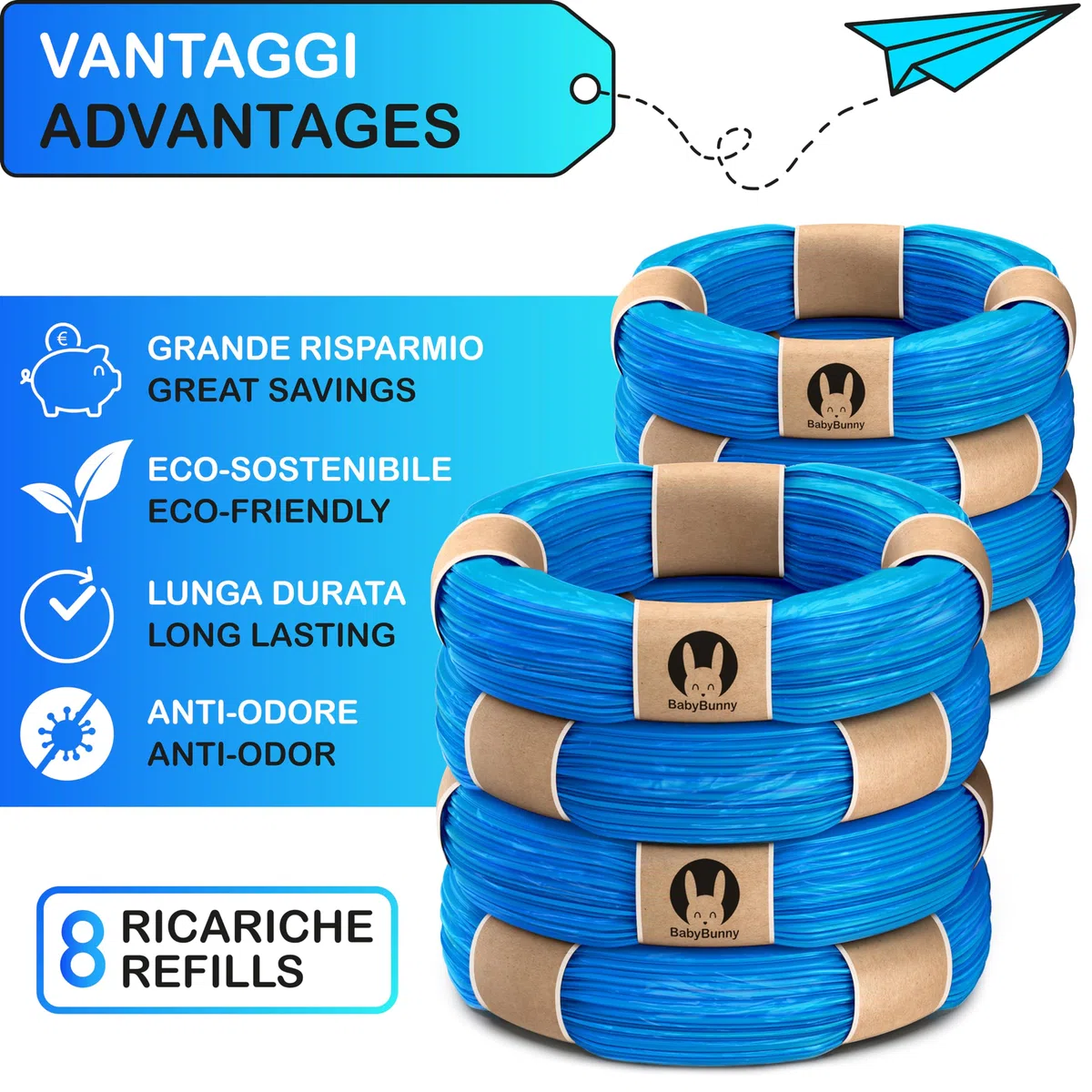 8 Ricariche Mangiapannolini Compatibili con Maialino Foppapedretti e Tommee Tippee Twist & Click, Tec, Simplee, Angelcare, LitterLocker II - Ricarica Anti-Odore e Made in Italy (8 Pezzi)
