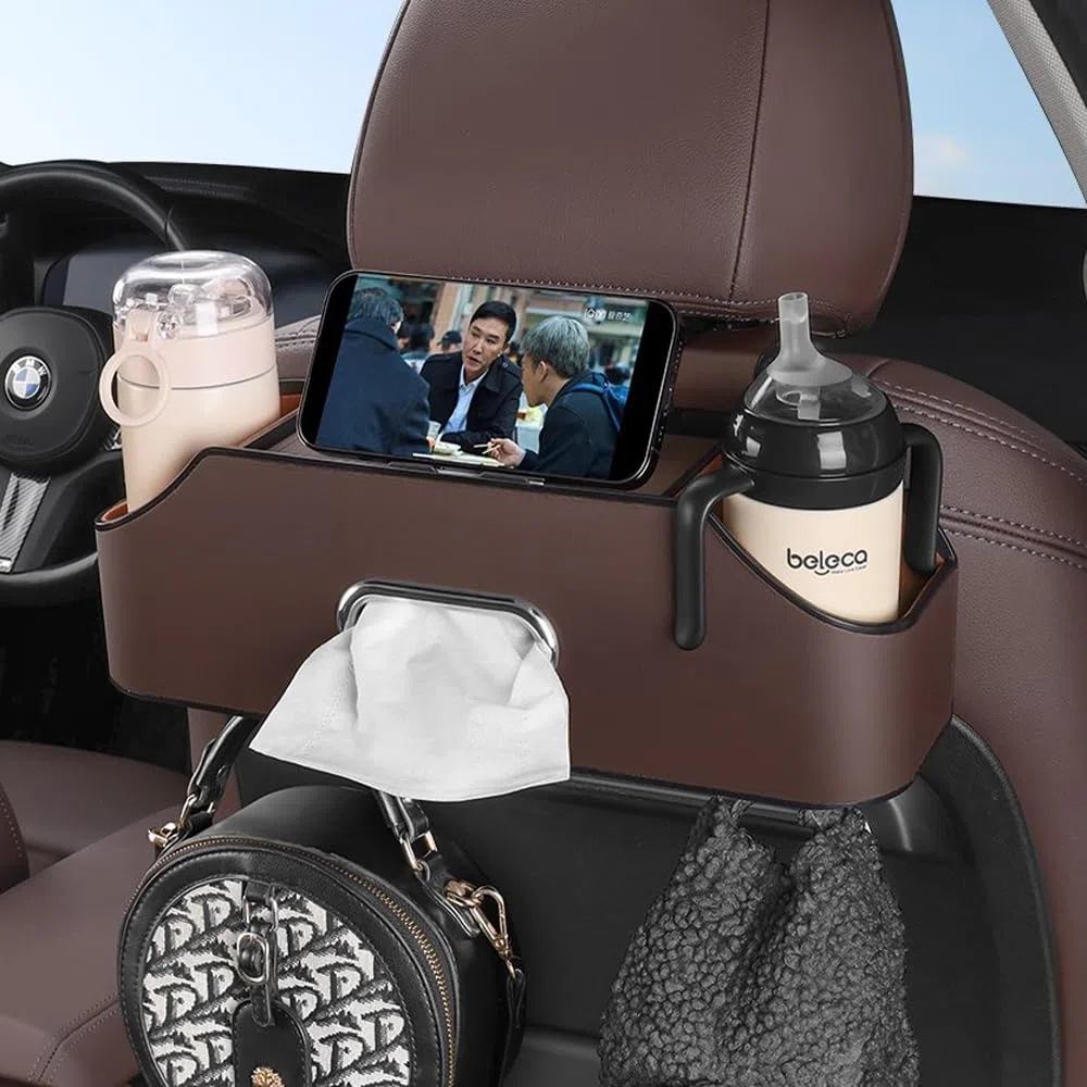 Carodi New Car Rear Seat Poggiatesta multifunzione con portabicchieri, scatola in tessuto, gancio per poggiatesta per bambini e adulti, accessori da viaggio auto (marrone)