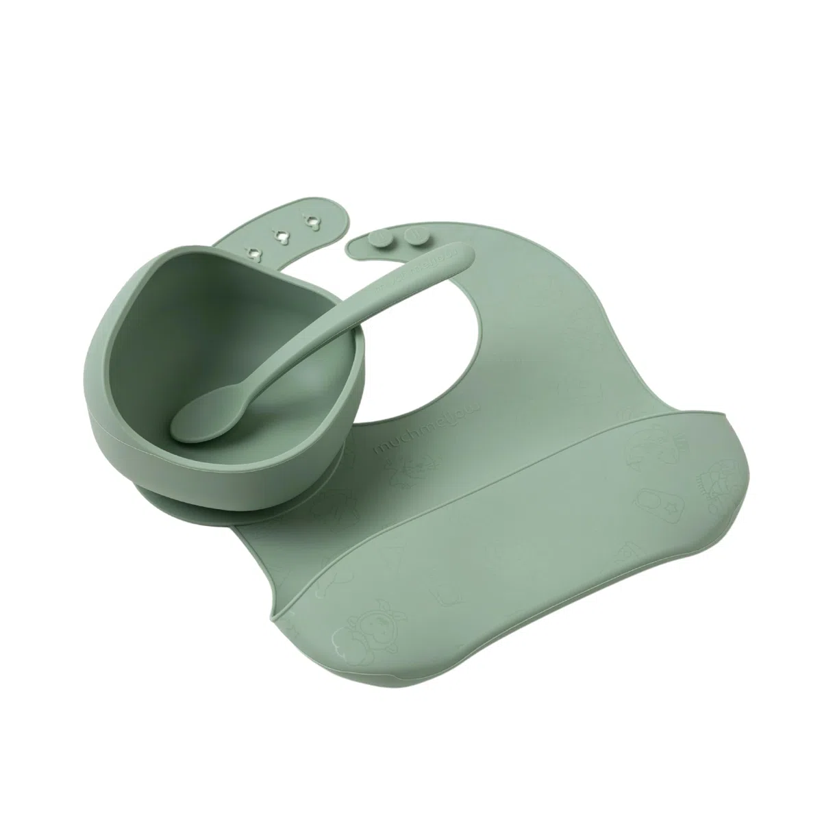 Muchmellow - Set Pappa Silicone MADE IN ITALY 3 pezzi, Ciotola con Ventosa Anticaduta, Cucchiaio, Bavaglino Regolabile, Svezzamento, Plastic Free, BPA Free, Lavabile Lavastoviglie (Verde)