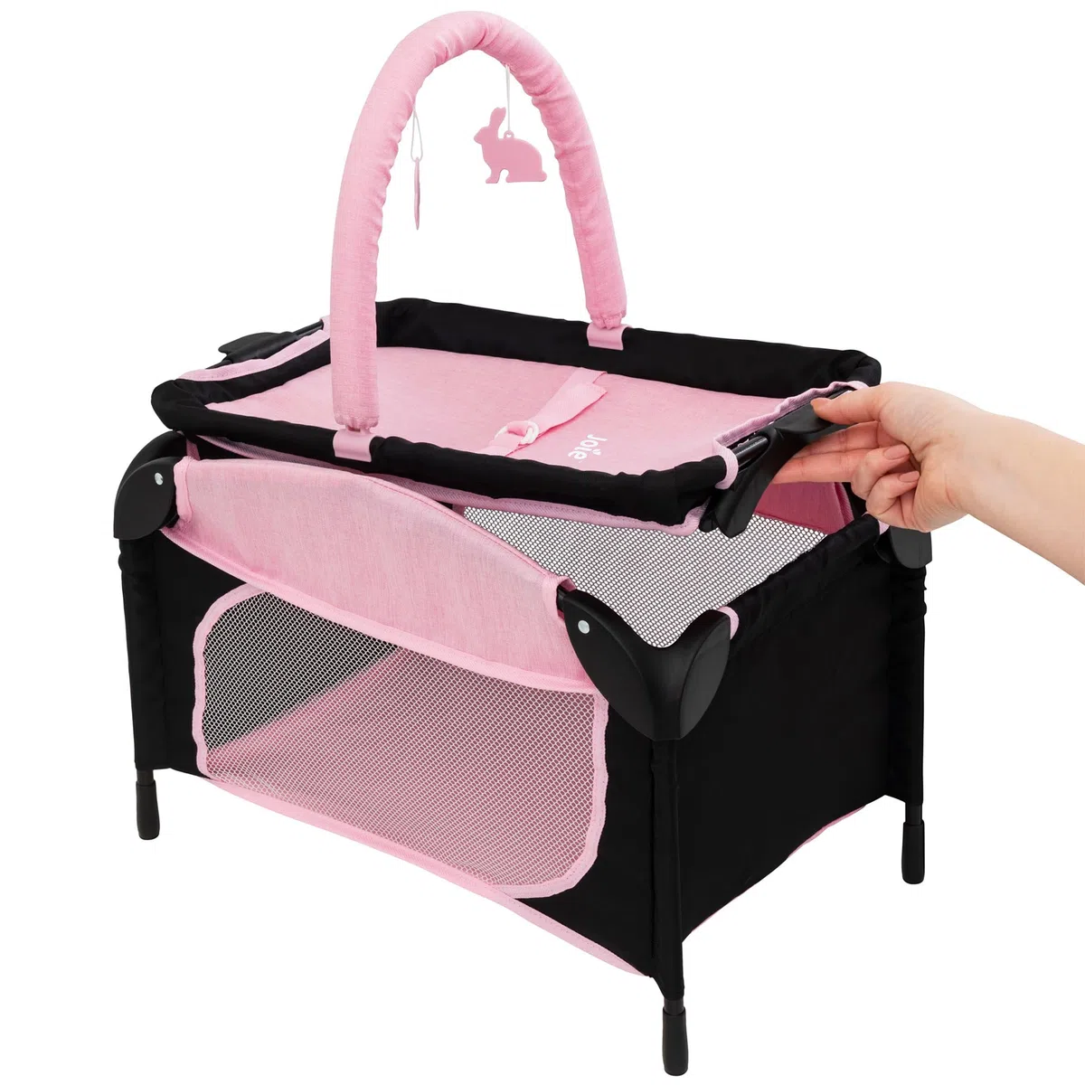 Joie Junior Sleep & Dream Lettino da Viaggio Giocattolo per Asilo in Rosa e Nero | Fasciatoio Staccabile e Barra di Gioco | Culla Leggera da Viaggio per Bambole per Bambini dai 3+ Anni.