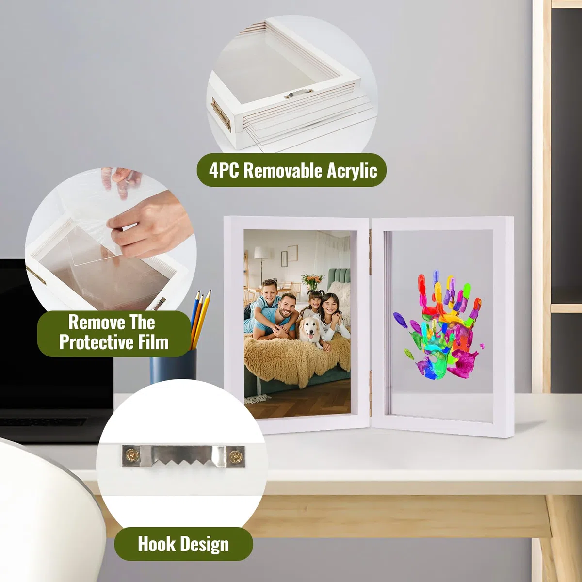 Nabance Kit Impronte Mani Famiglia 4 Pannelli In Plexiglas 5 Colori, Impronta Mani e Piedi Neonati Ideale per Anniversari, Regali di Nascita, Festa della Mamma, Festa del Papà, Bianco