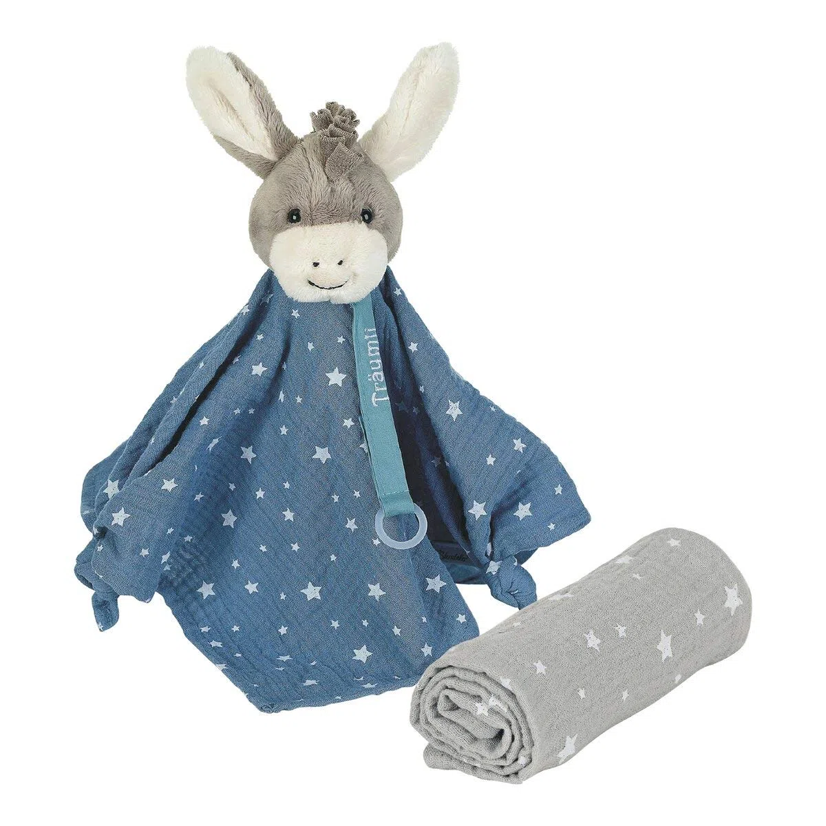Set Sogni d'oro, Emmi L’Asinello, Pupazzo di pezza con porta-ciuccio e fazzoletto, Celeste/Grigio