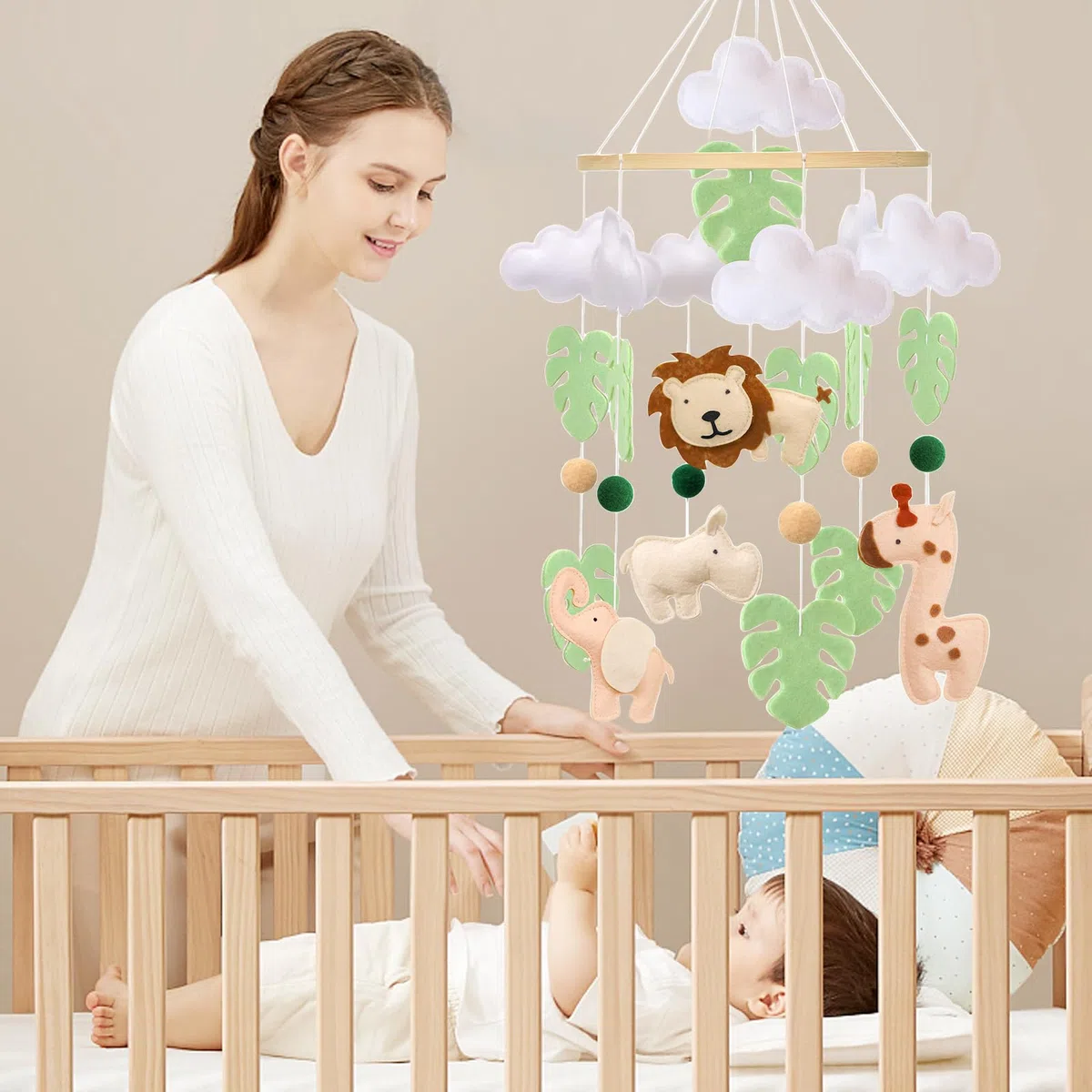 Baby Mobile - Campana da letto per lettino - Jungle Animal Baby Mobile con leone, elefante, giraffa e ippopotamo, giocattolo rilassante per la cameretta dei bambini, regalo per neonati (animale)