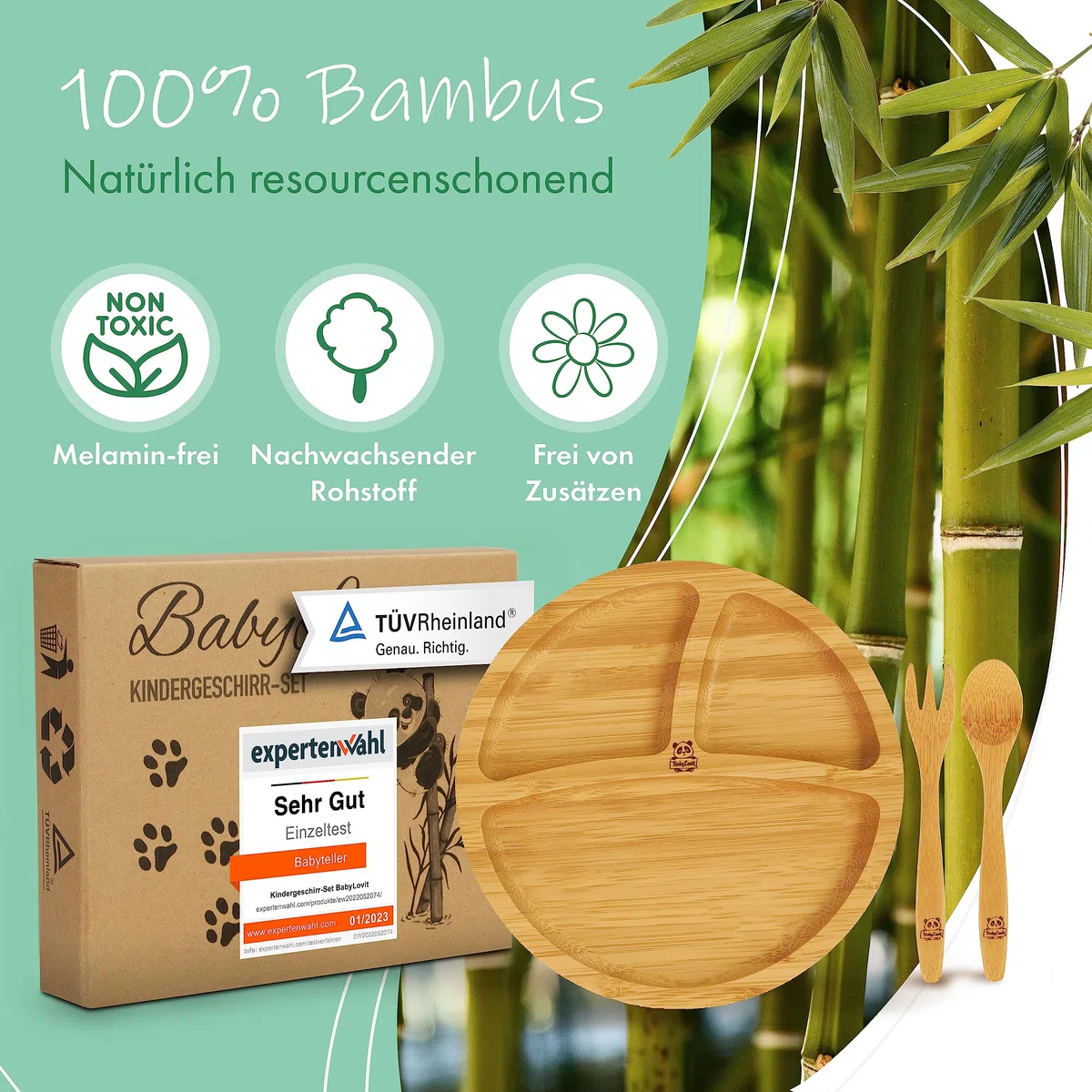 Piatto per bambini in bambù, testato TÜV, con ventosa e posate per imparare a mangiare, accessorio per alimenti BLW, cucchiaio per bambini in melamina e senza BPA, piatto per bambini con