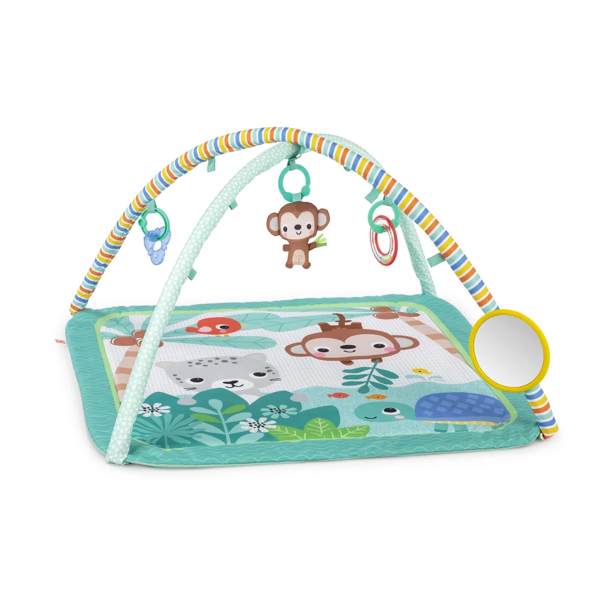 Bright Starts, Palestrina multiattivita' Palm Party, 4 giocattoli inclusi, arco giochi amovibile, 3 modalita' di gioco, leggera e da trasportare, Dal neonato in su