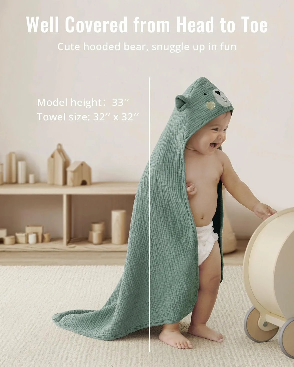 Blissful Diary Asciugamano con cappuccio in mussola, asciugamano da bagno morbido e assorbente per neonati, neonati, bambini, unisex, 81 x 81 cm, orso intelligente