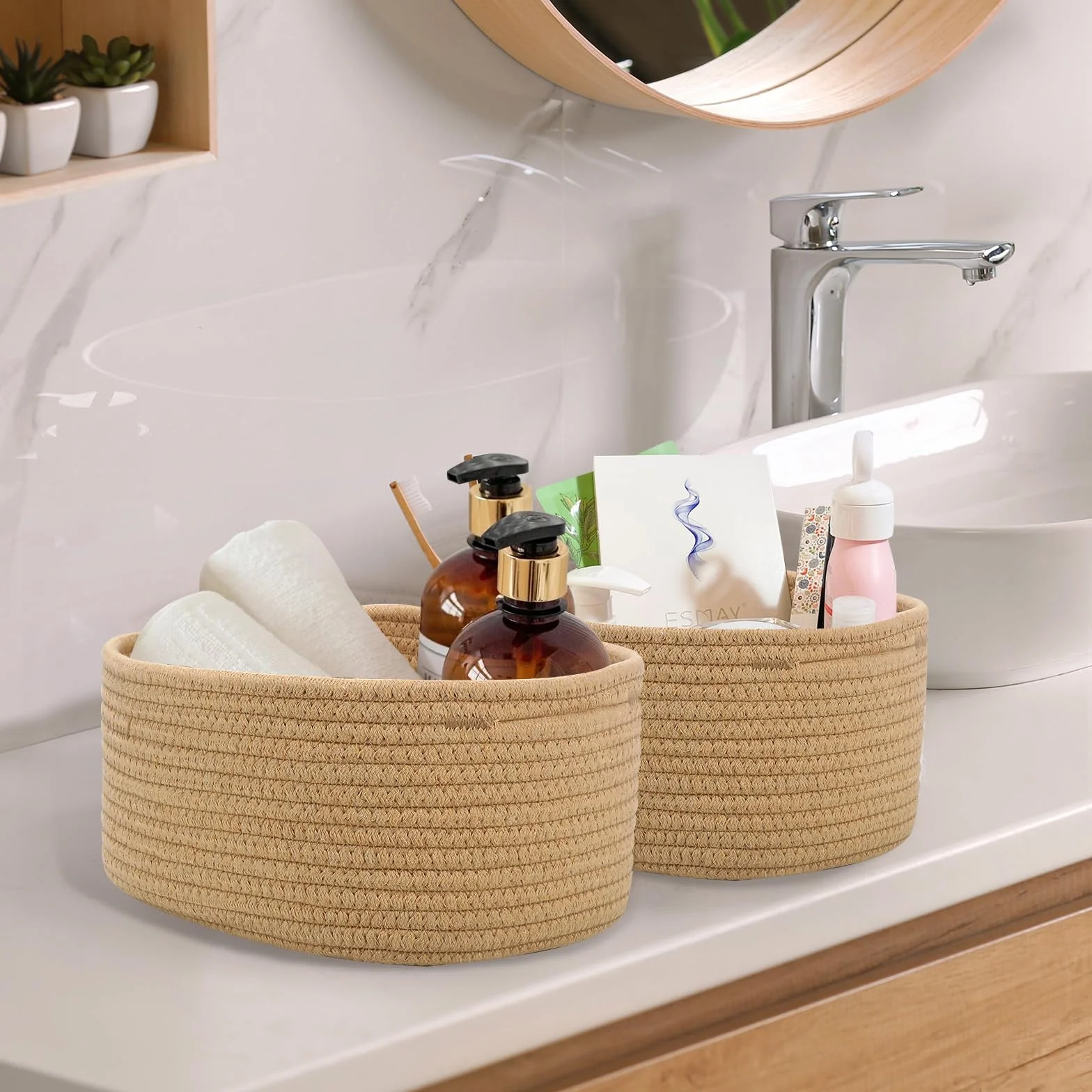 Cestini Portaoggetti, Set di 5 Piccoli Cestini in Cotone Intrecciato per Camera, Bagno e Mensole,Corda di Cotone per Bambini Bambina,Impilabile Organizer Fasciatoio