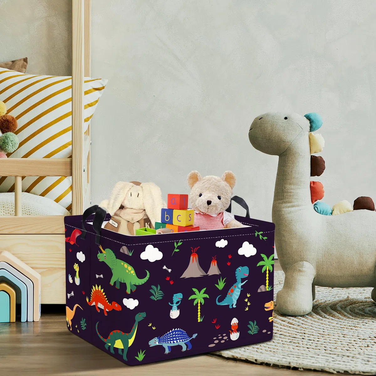 Clastyle Cestino Portaoggetti Dinosauro Triceratopo Albero Vulcano Ceste per la Biancheria Nero Giocattoli Rettangolare per Camera dei Bambini, 40x30x30 cm