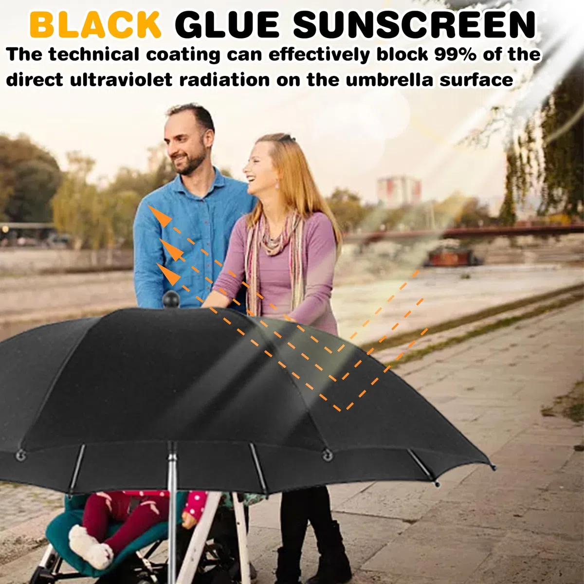 Passeggino parasole con supporto: ombrellone passeggino, universale, diametro 84 cm, protezione UV 50+, flessibile, girevole e inclinabile, Nero
