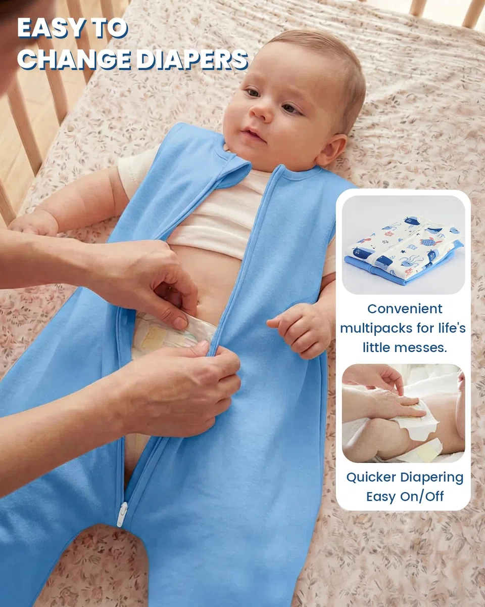 WYTbaby Sacco a pelo con piedi, 0,5 Tog, confezione da 2 pezzi, sacco a pelo per bambini, 100% cotone, senza maniche, per tutto l'anno, per ragazzi e ragazze, blu medusa 70 cm