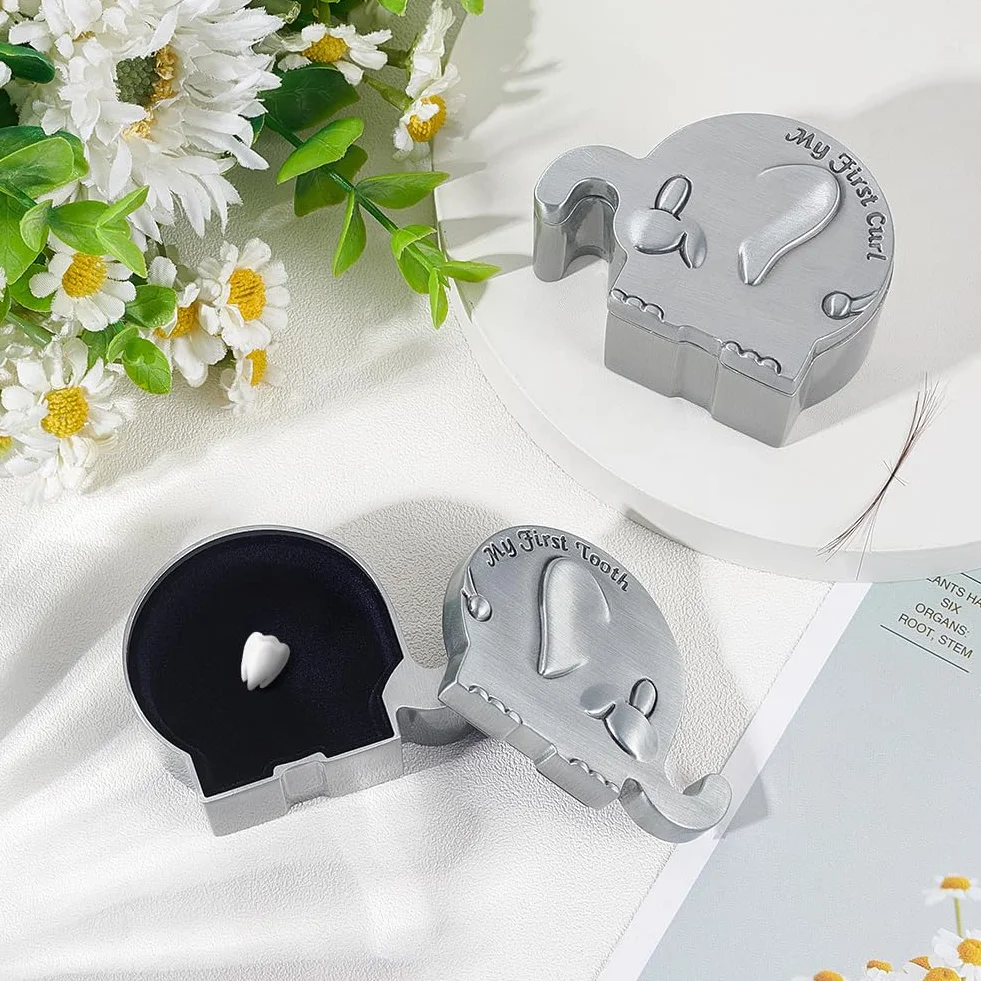 FINGERINSPIRE 2 scatole dei ricordi per primo ricciolo e il mio primo dente in argento anticato, con denti di elefante, set per bambini, battesimo, doccia
