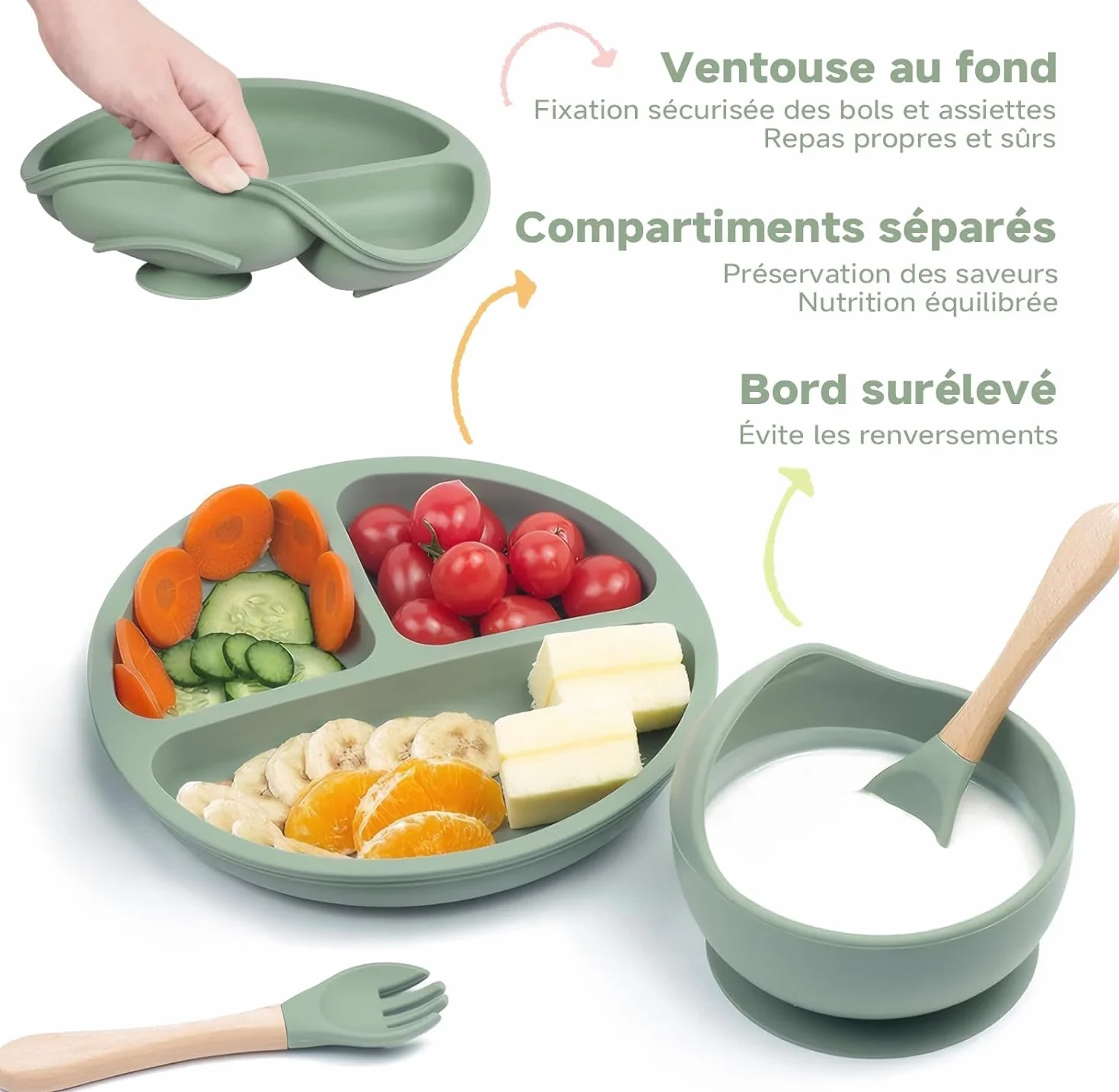 Set Pappa Svezzamento, 8 Pezzi, Piatto Svezzamento Ventosa Ciotola, Bavaglino Silicone, Cucchiaino Forchetta Neonato, Piatti per Bambini, Posate Bambini, Svezzamento Neonati, Verde