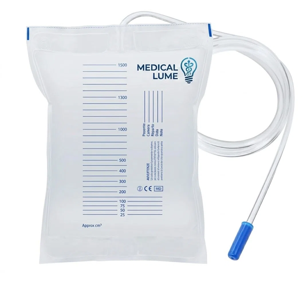 SACCA DI RACCOLTA DELL’URINA DA LETTO DA 1500 ML MONOUSO A FONDO CHIUSO TUBO & RUBINETTO 90 CM (50 PZ)