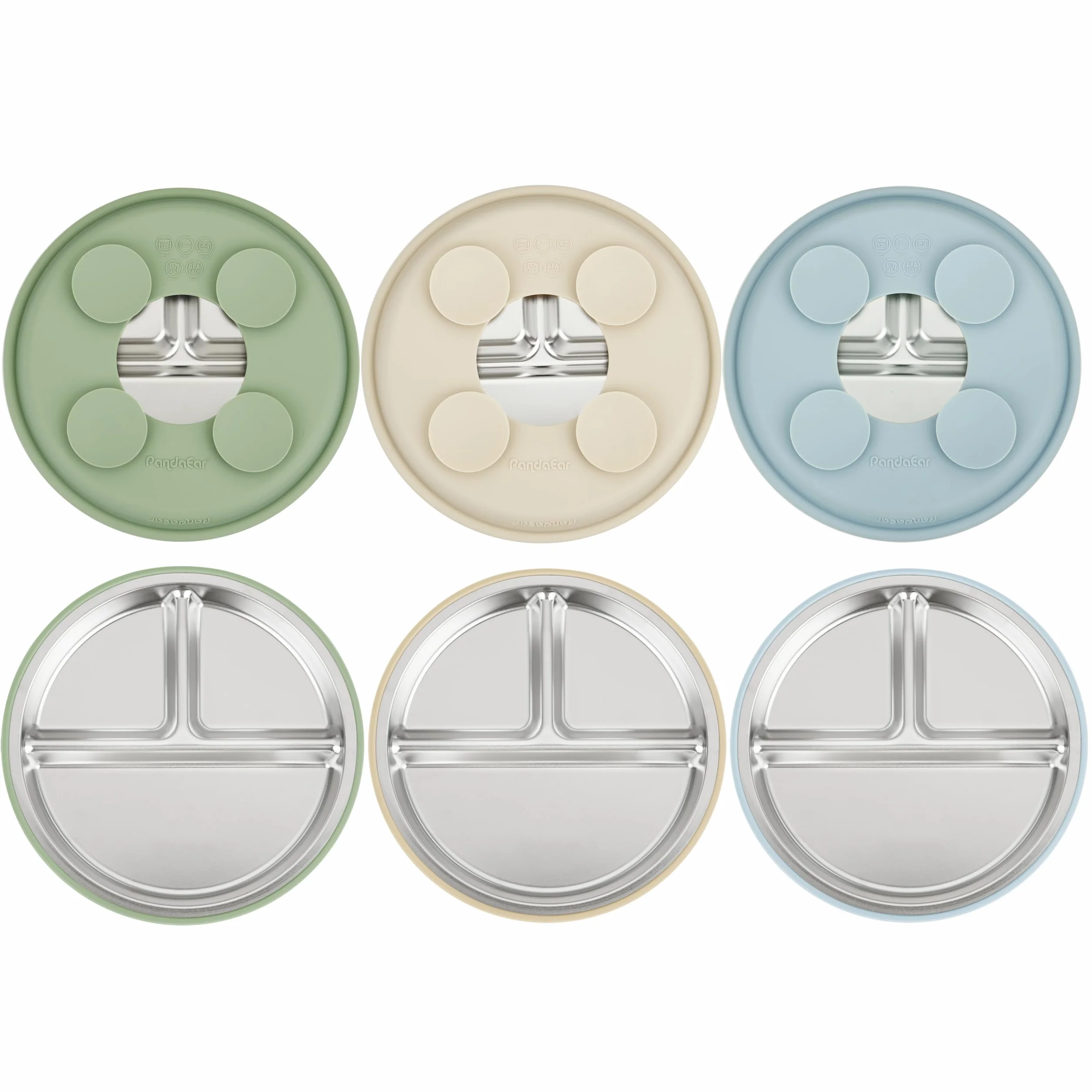 PandaEar Set da 3 Piatti in Acciaio Inossidabile per Bambini con Suzione, Piatti Divisi per Bambini per lo Svezzamento Autonomo, Set di Alimentazione Antiscivolo (Blu/Verde/Marrone)