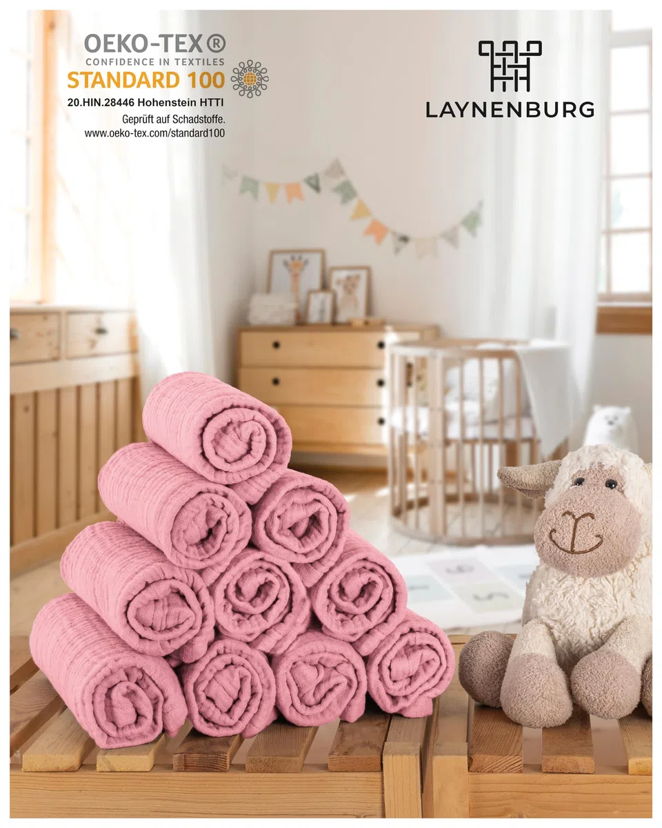 LAYNENBURG set di 10 panni per il ruttino per bambini in morbidissima mussola - 100% cotone - 30x50cm - Oeko Tex 100 - panni in mussola come garza o pannolini di stoffa (rosa antico)