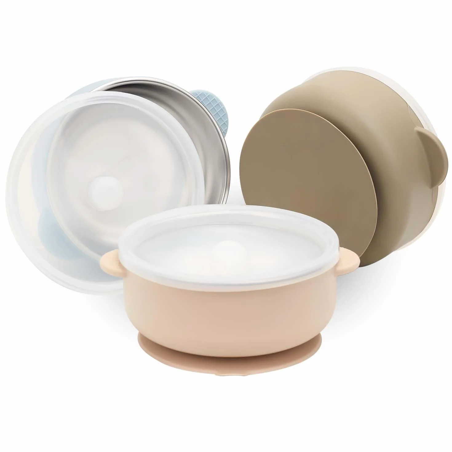 3 ciotole in acciaio inox con ventosa e coperchio, in acciaio inox, per bambini, antiscivolo, per porridge e snack, senza BPA, lavabile in lavastoviglie