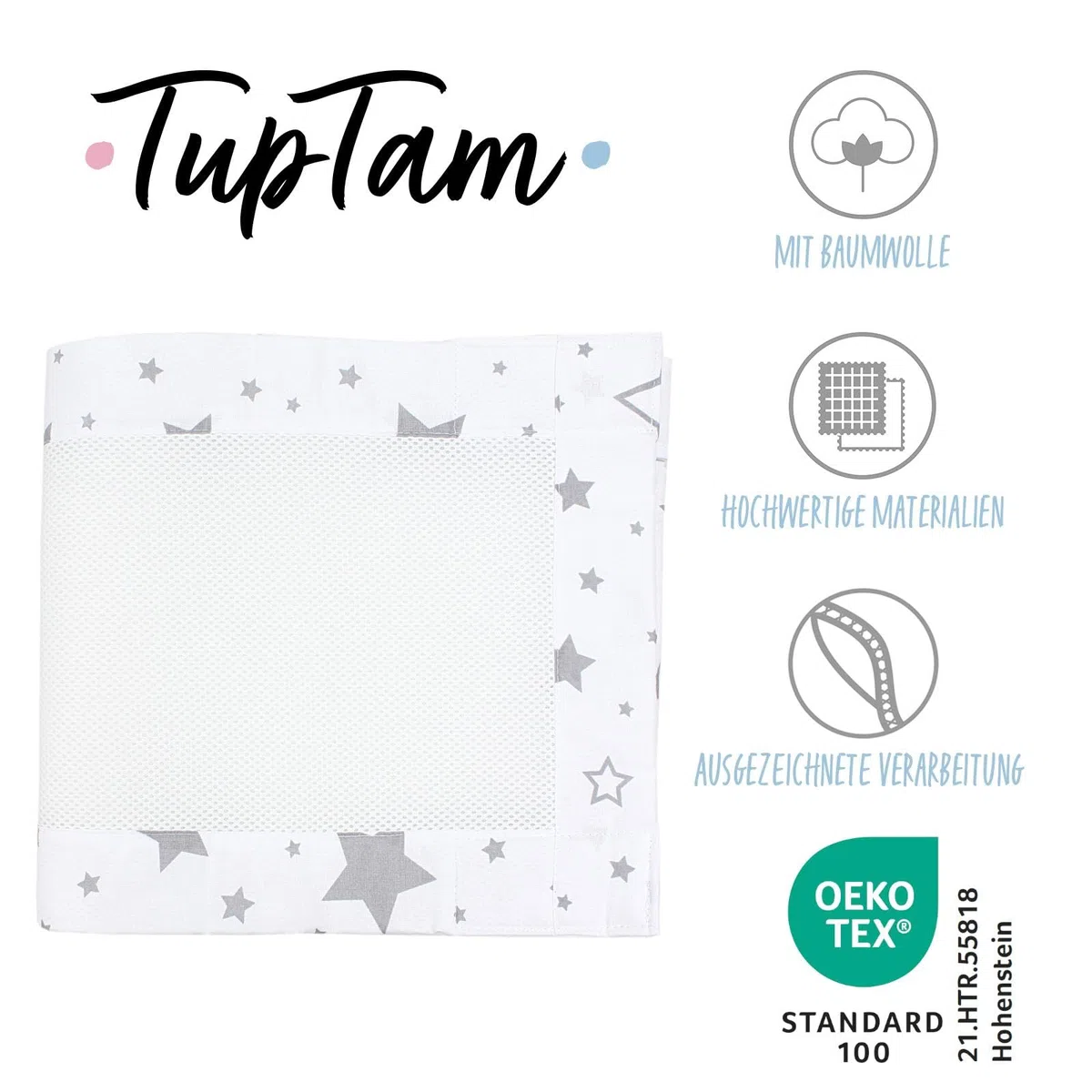 TupTam Protezione Paracolpi per Lettino Nido per Neonati Traspirazione Air Mesh 2 Pack, Grande Stelle Grigio/Bianco, ca.128 x 30 cm (per Lettino 140x70)
