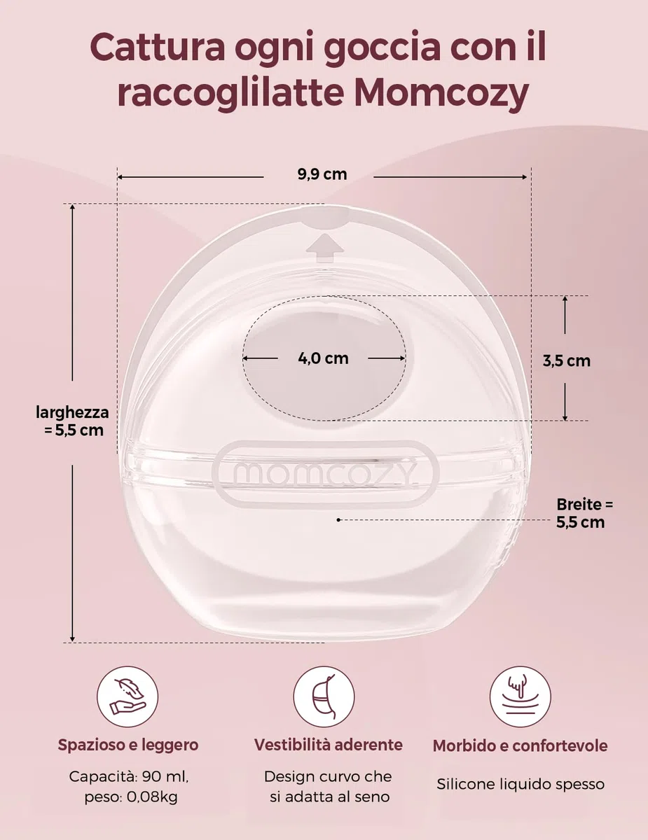 Momcozy Coppette Raccogli Latte Materno Riutilizzabili, Conchiglie in Silicone Morbido per Allattamento, 90 ml, 2 Pezzi, Comfort e Adattamento Migliore