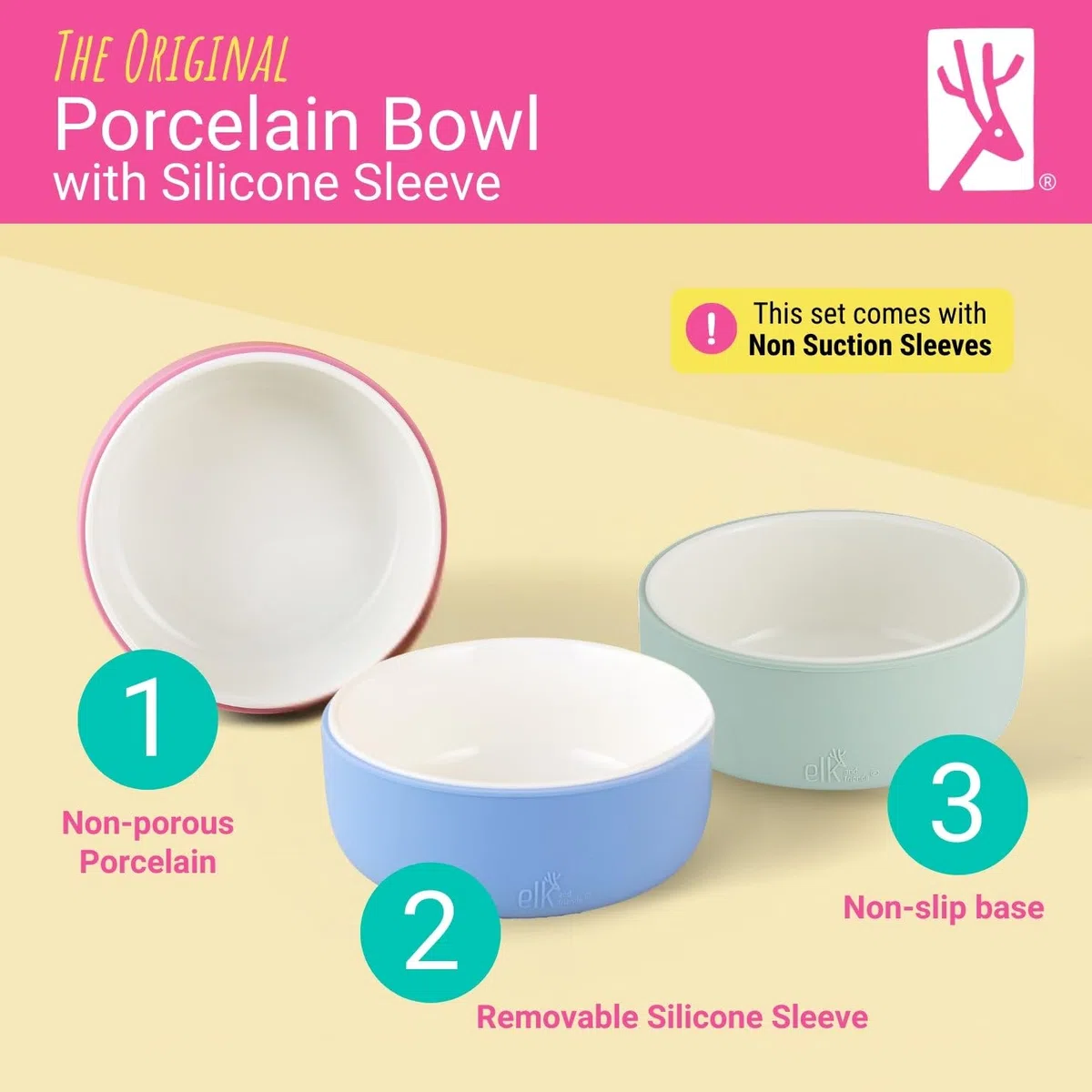 Elk and Friends Ciotole In Porcellana Per Bambini Con Rivestimento In Silicone Per Per L'Alimentazione Dei Neonati, Adatte Al Microonde E Alla Lavastoviglie, Snack E Stoviglie