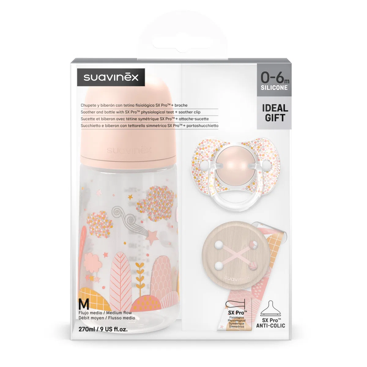 Suavinex Set Regalo Neonato, Regalo Bimbo con Biberon 270 ml Flusso Medio, M, Ciuccio 0/6 Mesi e Catenella Porta Ciuccio in Tessuto, per Bambini 0/6 Mesi, Tettarelle in Silicone Sx Pro, Dreams Rosa