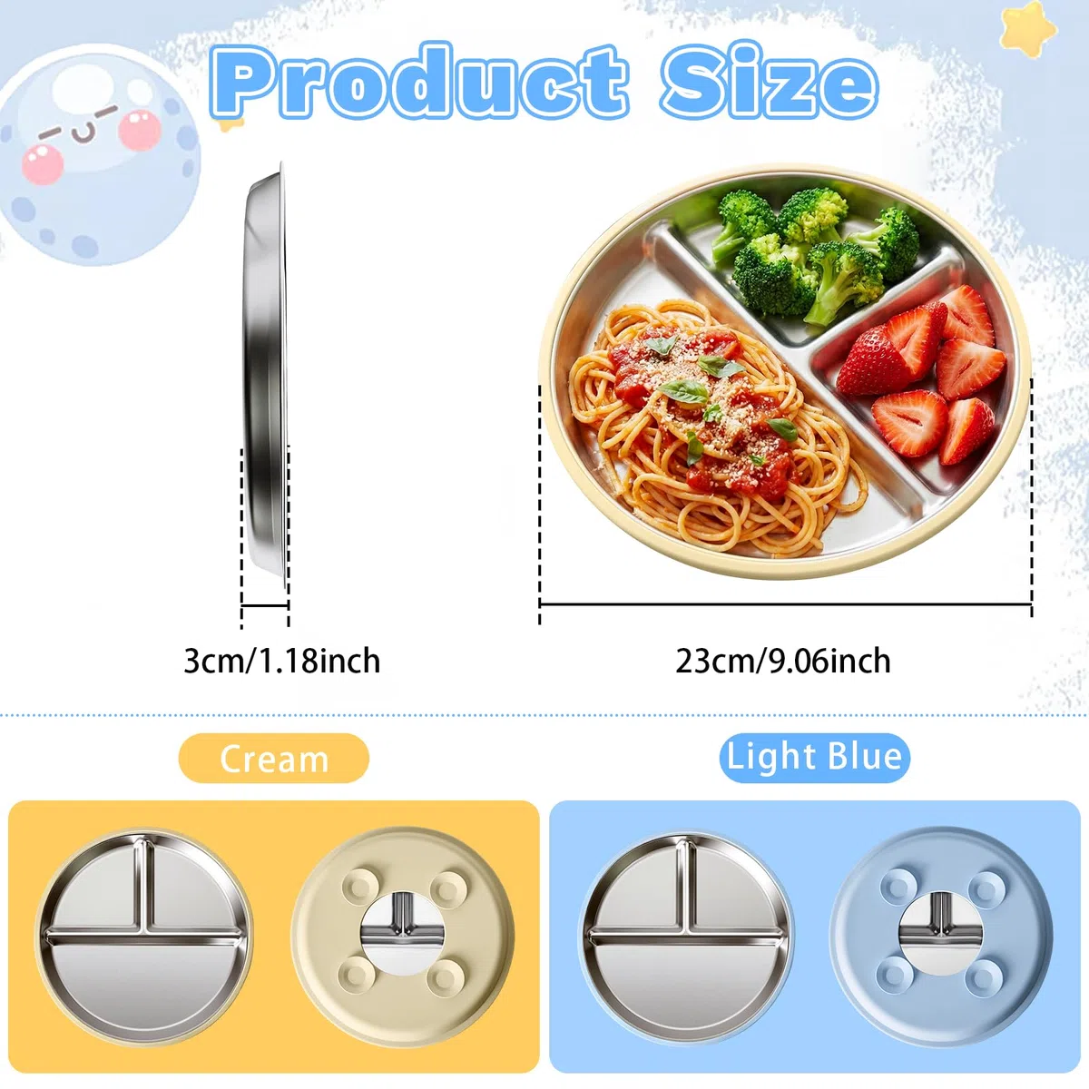 Sweetone 2 piatti per bambini con ventosa, senza BPA, in acciaio inox, antiscivolo, divisi con 2 forchette e 2 cucchiai, lavabili in lavastoviglie, ideali per mangiare autonomamente