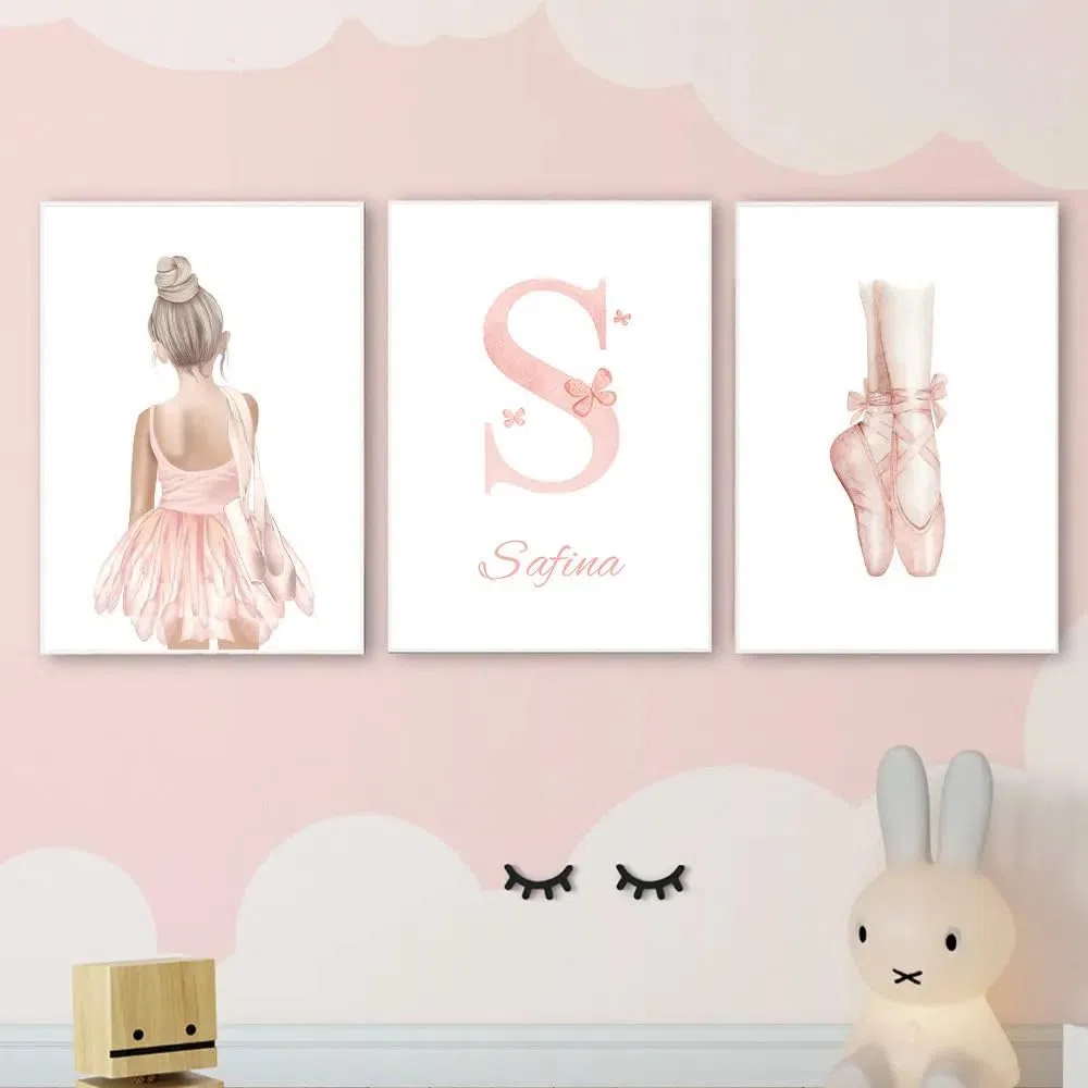 Youihom 3 Quadretti Personalizzati Bimba Quadro Camera Bimba Nome Rose 30x40 Stampe per Cameretta Neonato Ballerine Poster da Parete per Bambini Quadri Tela senza Cornice