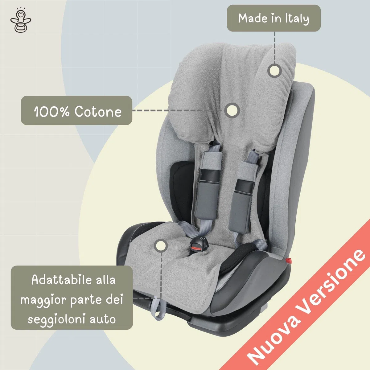 baby idea Copri Seggiolino Auto Bambino e Neonato Gruppo 1/2/3 (9–36 kg) Copriseggiolino Estivo in Spugna di Cotone 100% Oeko-Tex Traspirante Anti Sudore Senza Imbottitura Made in Italy (Grigio)