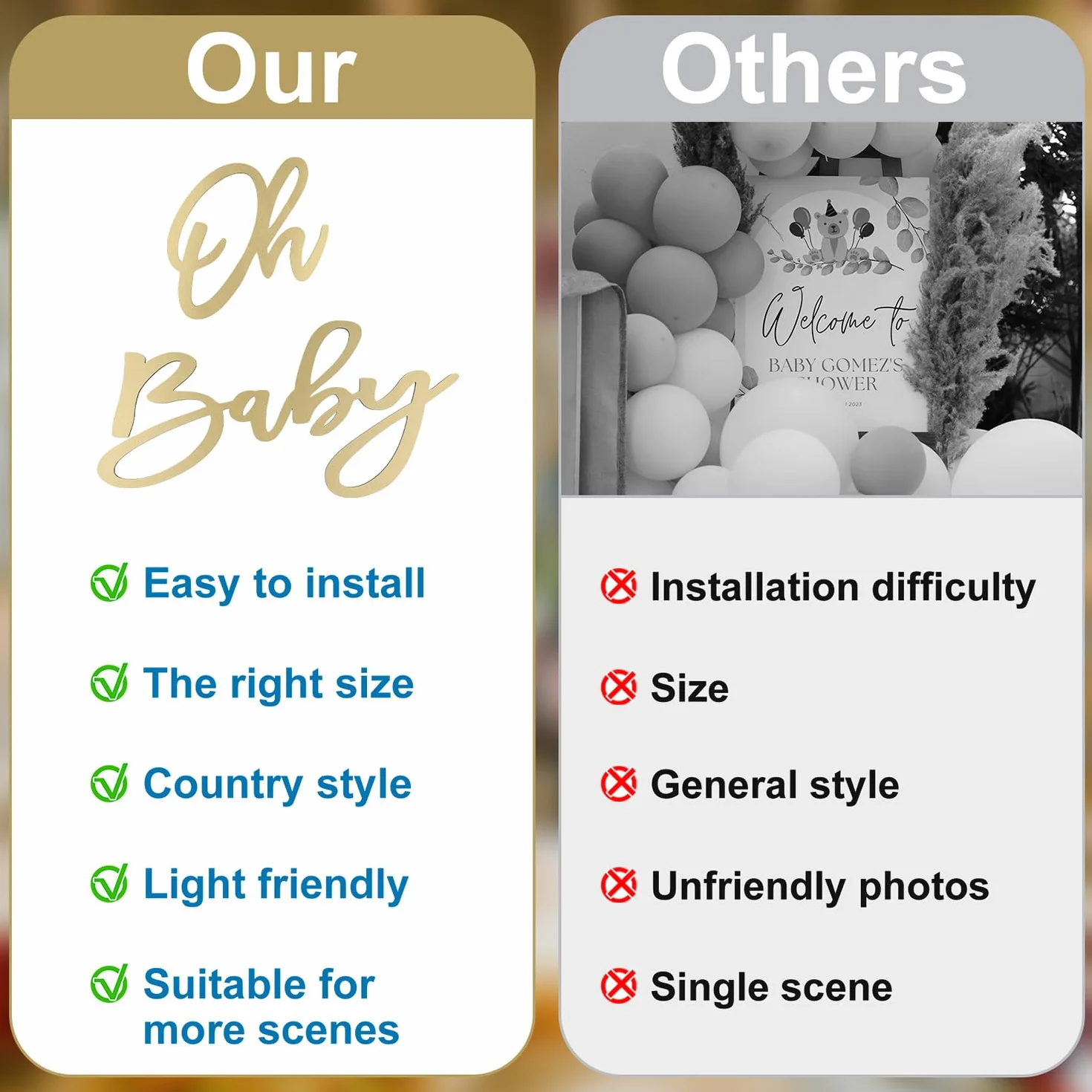 Cartello Oh Baby - Striscione in Legno per Baby Shower con Lettere Dorate - Decorazioni per Sfondo Neonato e Bambina