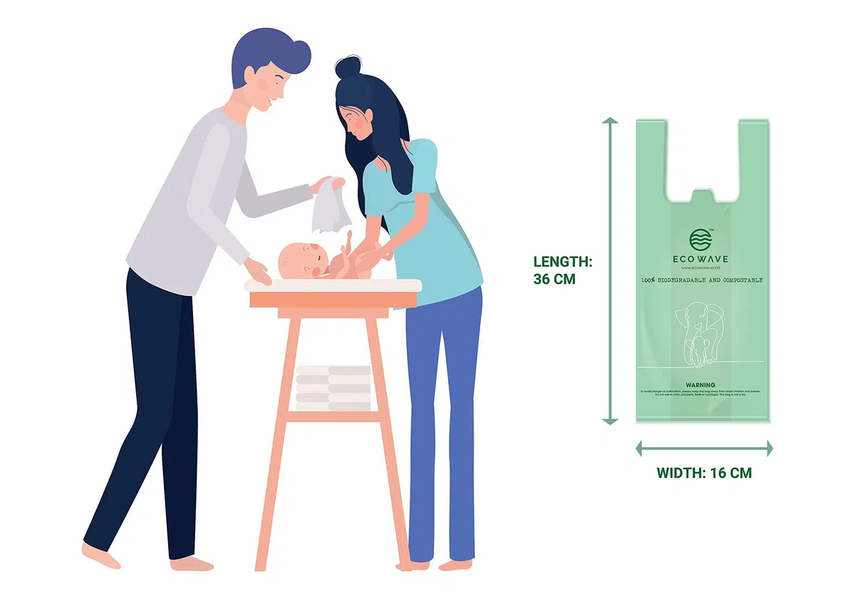 ECO WAVE Sacchetti per pannolini 100% biodegradabili e compostabili, 200 sacchetti senza profumo, certificati EN 13432